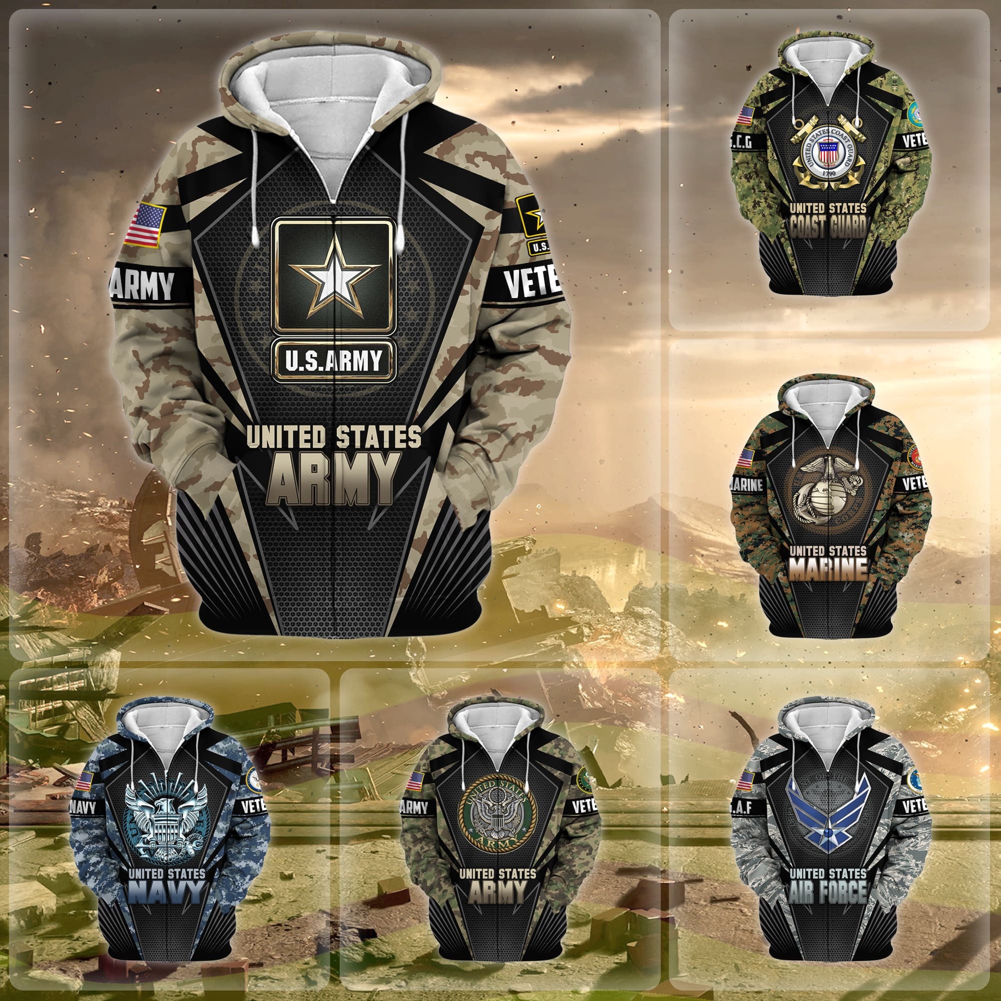 Unique Camo Soldiers US Veteran Zip Hoodie