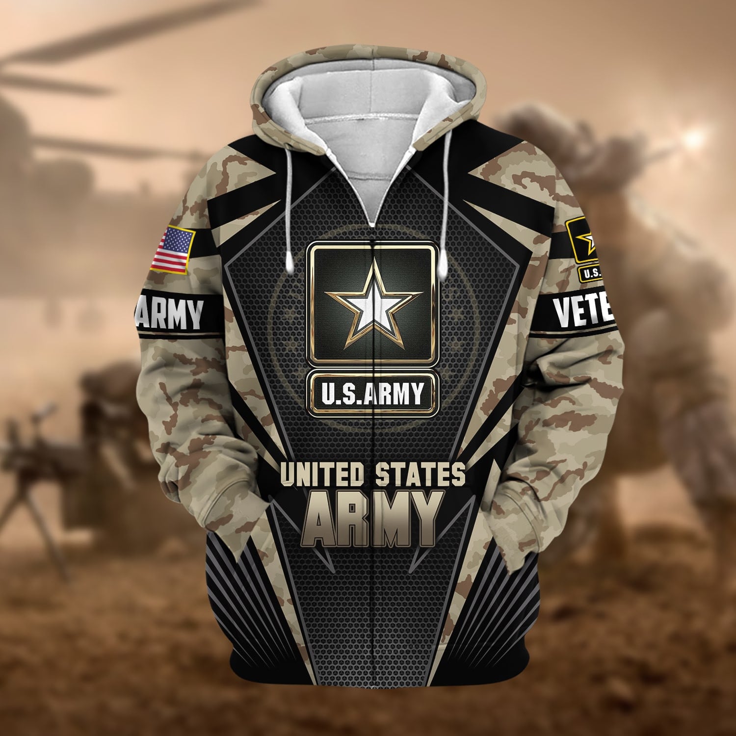 Unique Camo Soldiers US Veteran Zip Hoodie