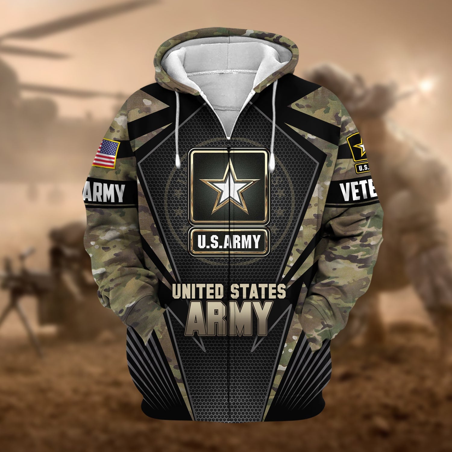 Unique Camo Soldiers US Veteran Zip Hoodie