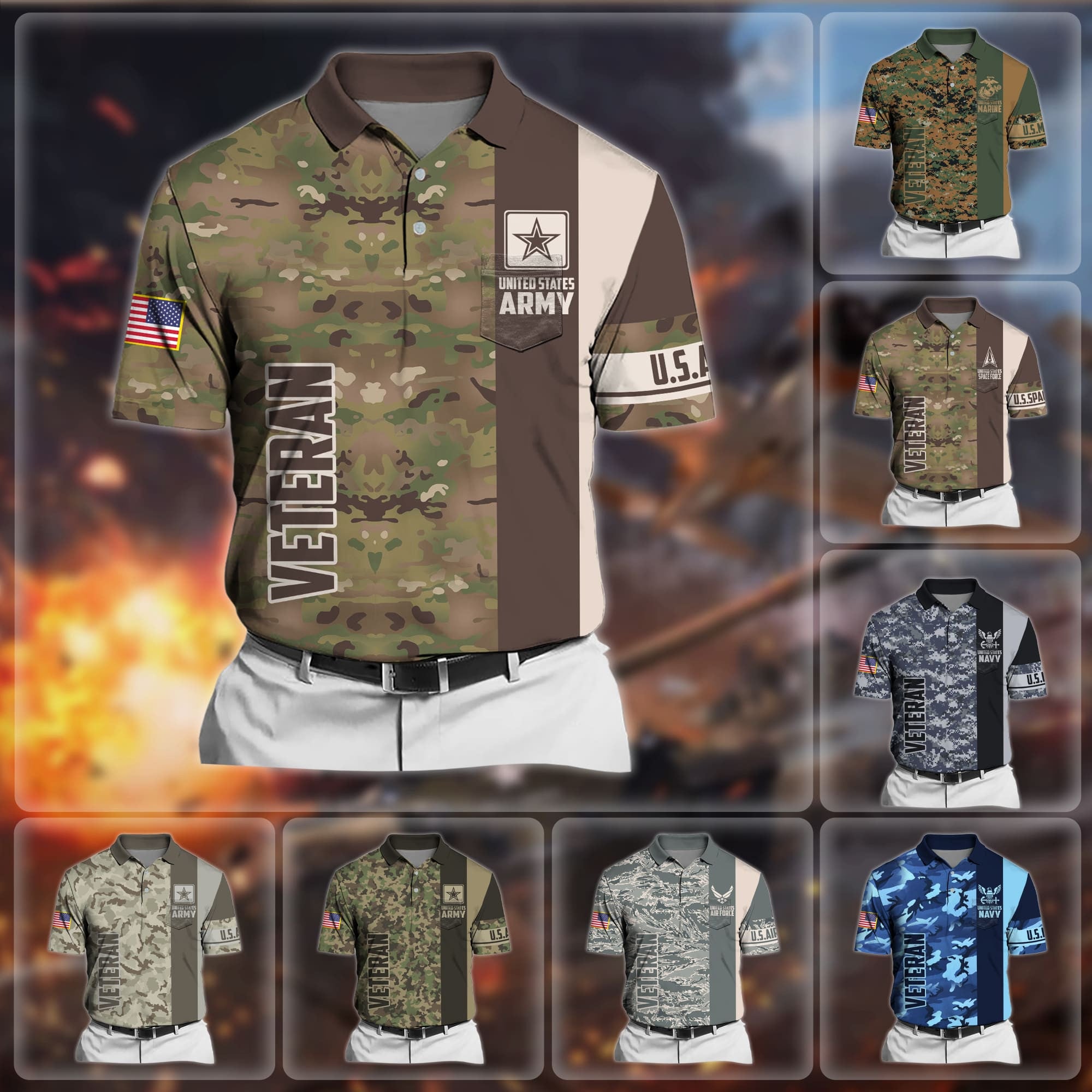 Premium Camo Soldier US Veteran Polo Shirt With Pocket