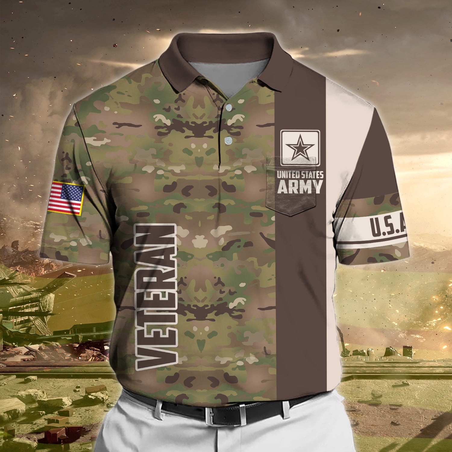 Premium Camo Soldier US Veteran Polo Shirt With Pocket