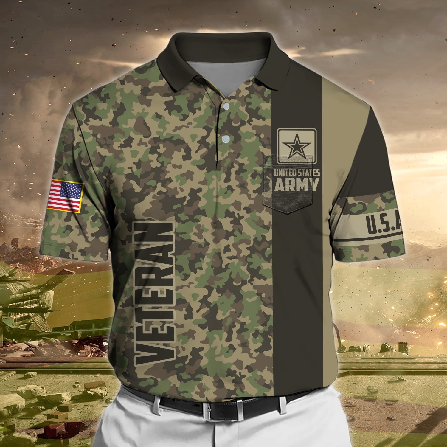 Premium Camo Soldier US Veteran Polo Shirt With Pocket