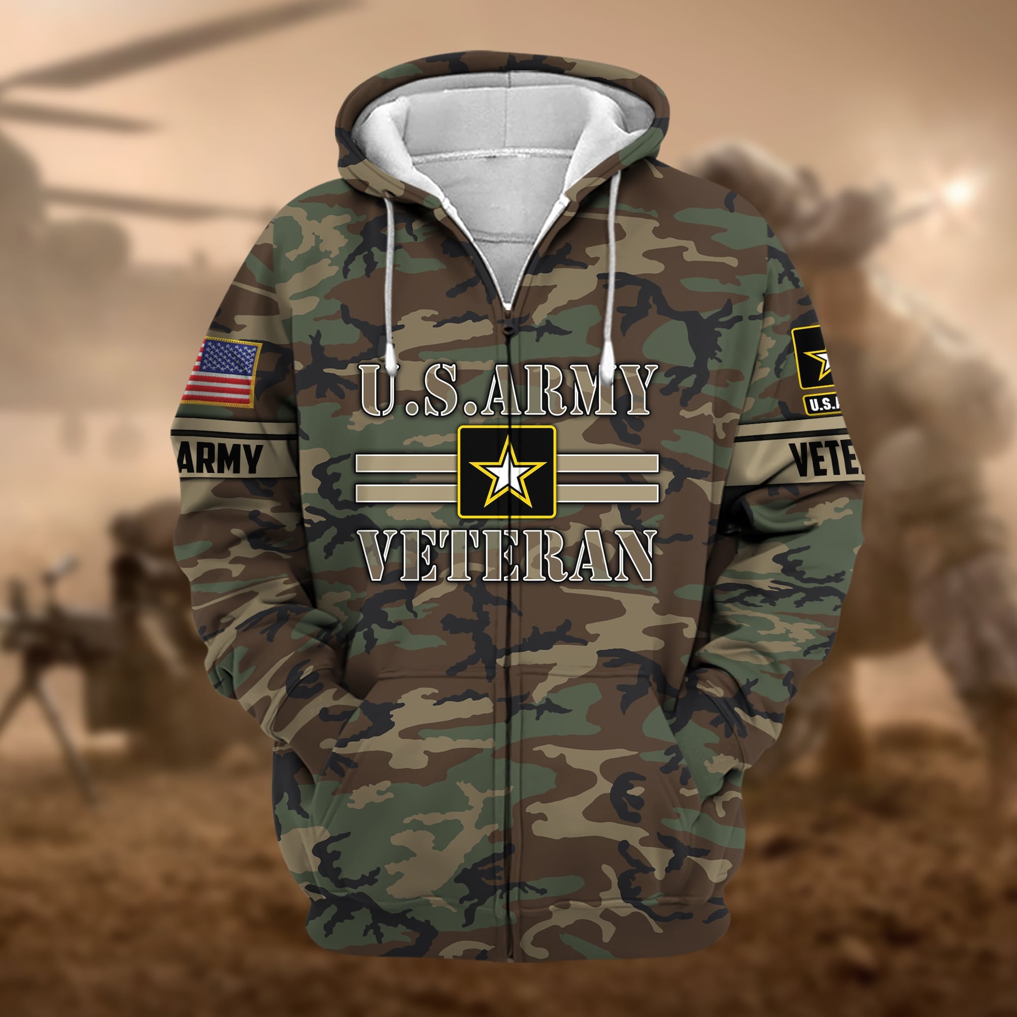 Premium Camo Soldiers US Veteran Zip Hoodie