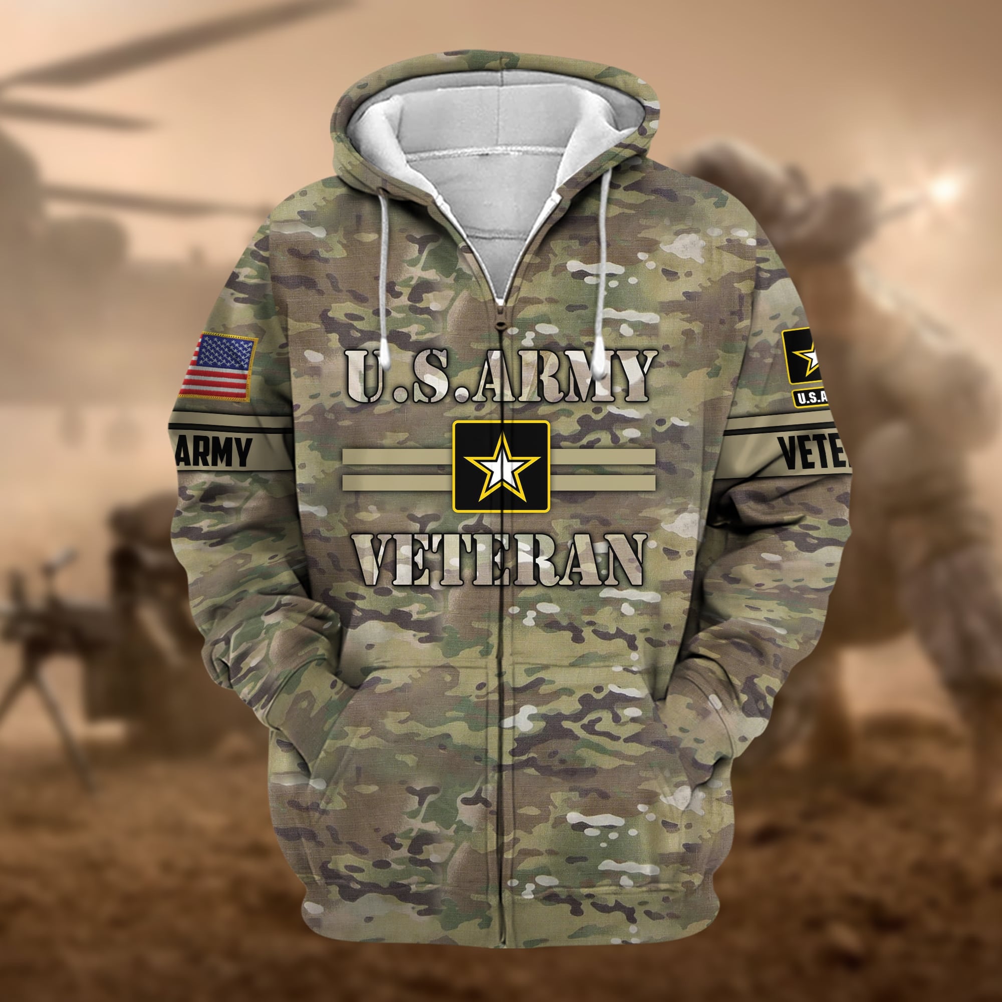 Premium Camo Soldiers US Veteran Zip Hoodie
