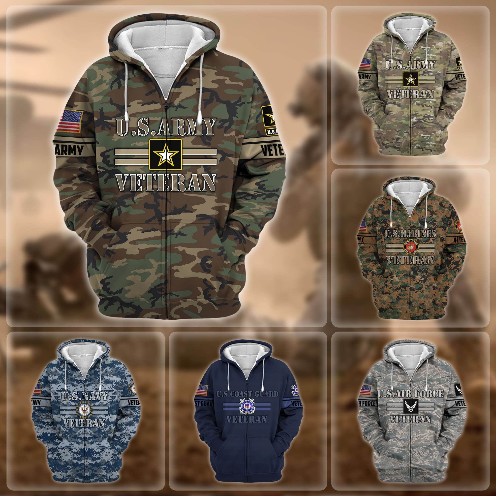 Premium Camo Soldiers US Veteran Zip Hoodie