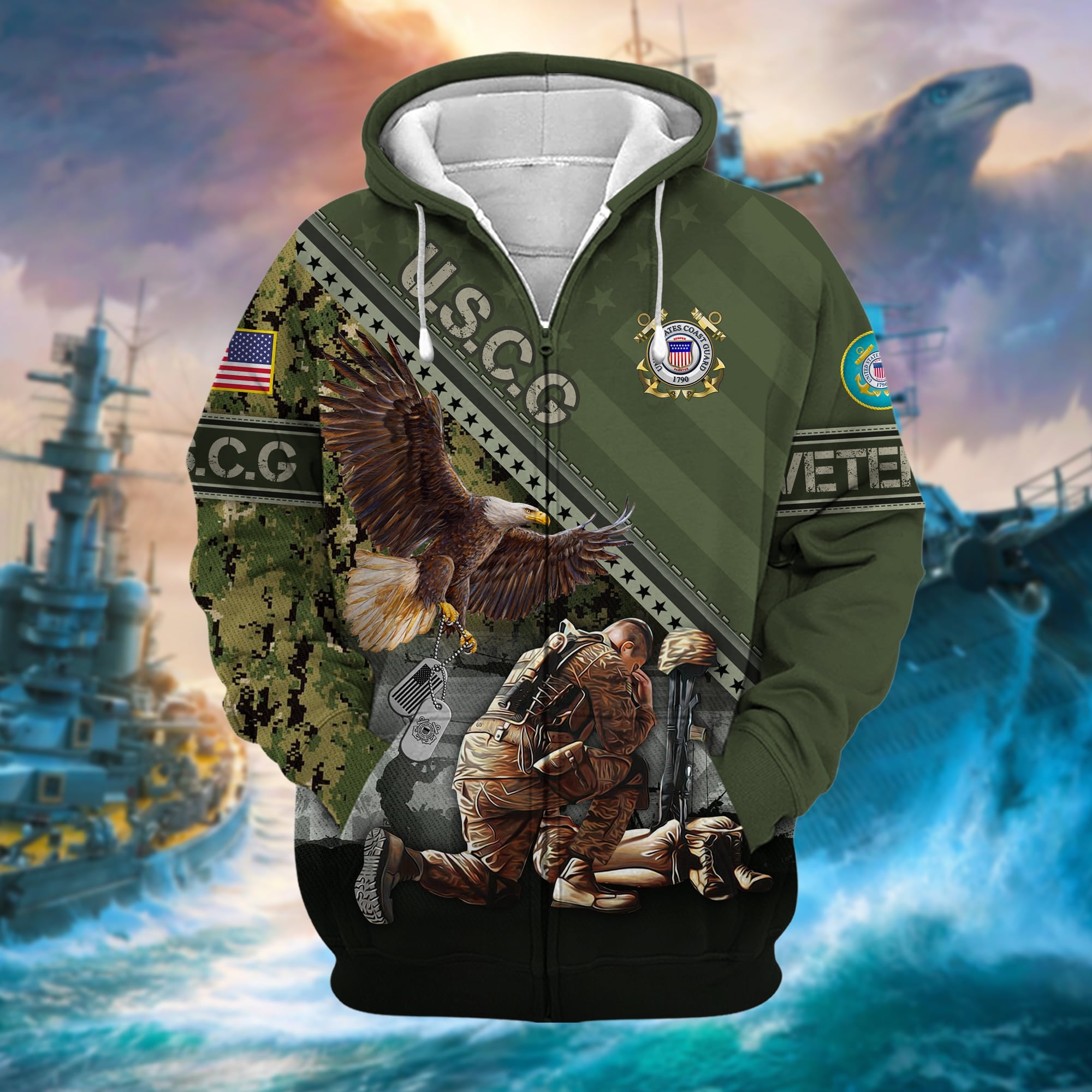 Premium Proudly Served US Veteran Zip Hoodie