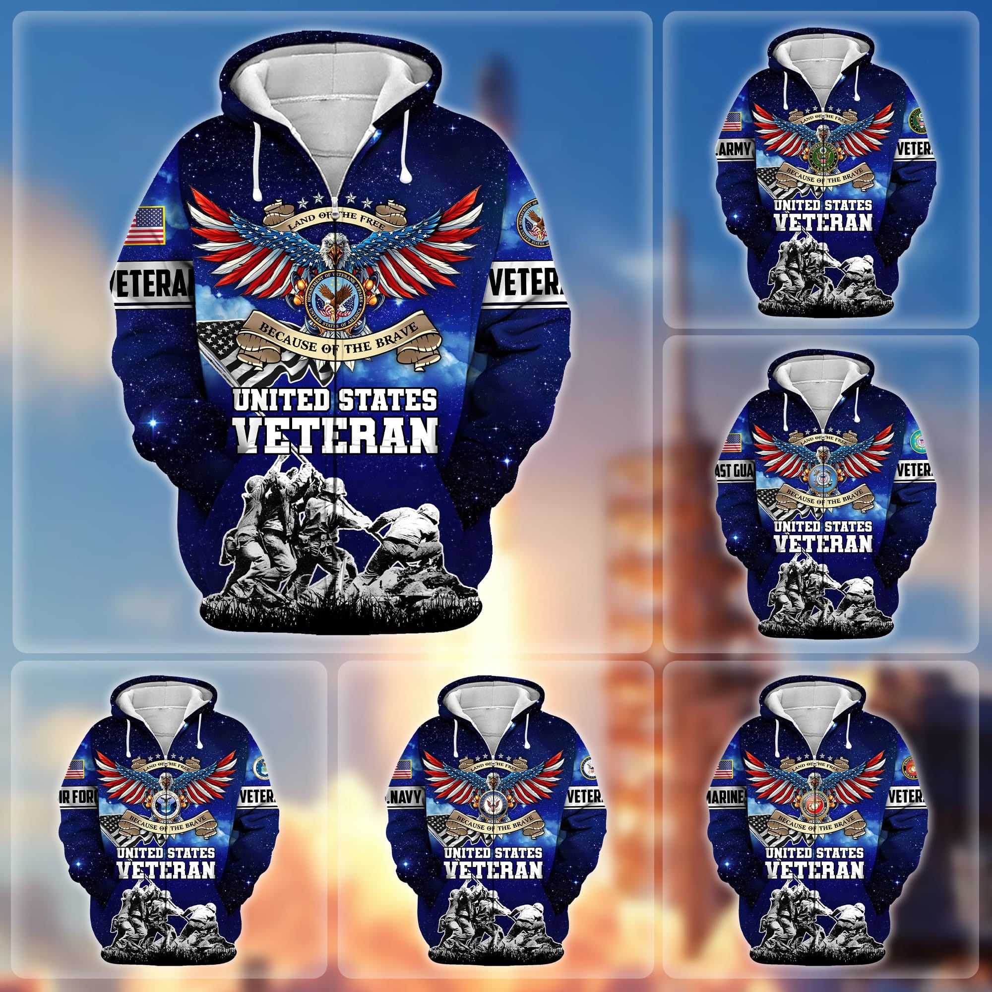 Premium Land Of The Free Because Of The Brave US Veteran Zip Hoodie