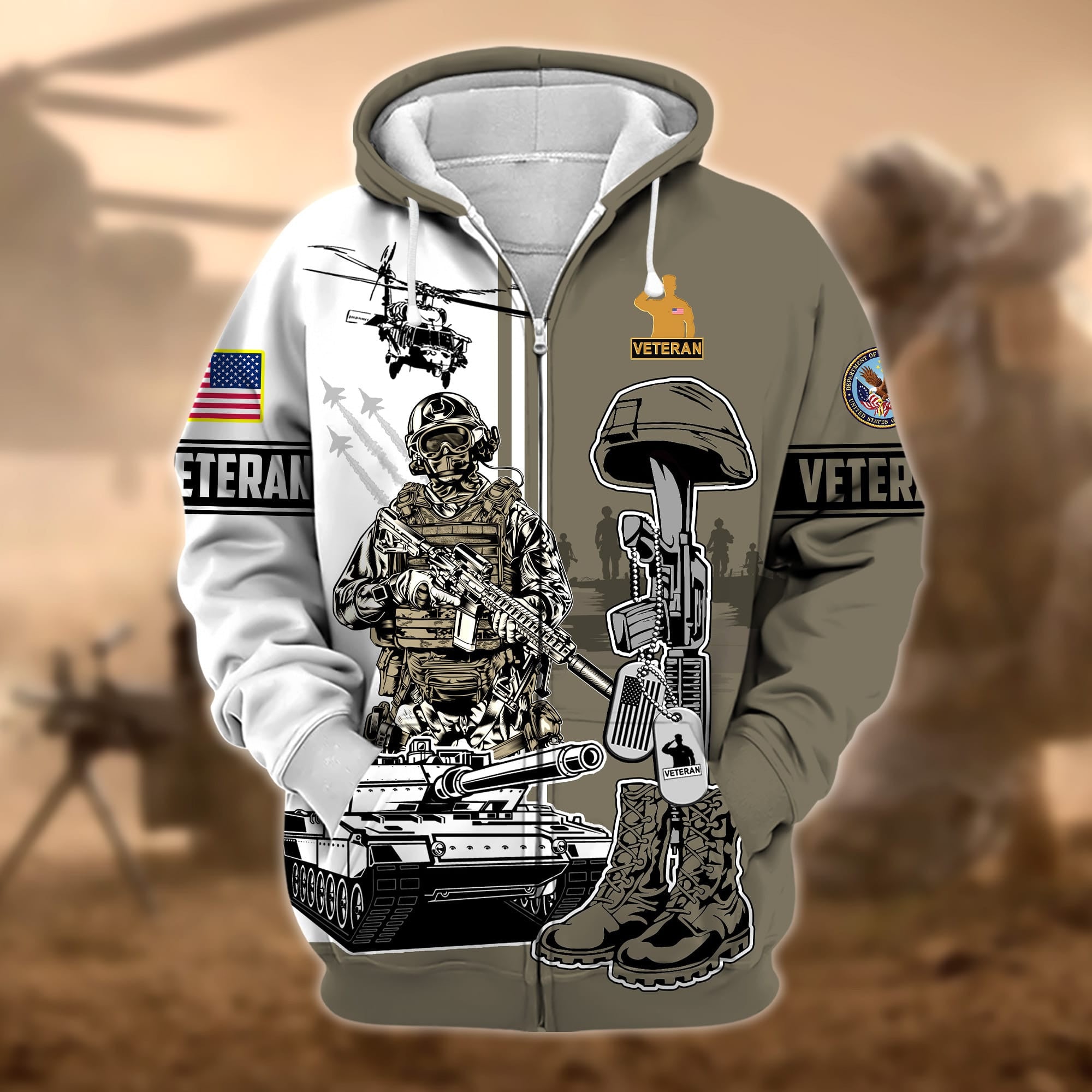 Unique Proudly Served US Veteran Zip Hoodie