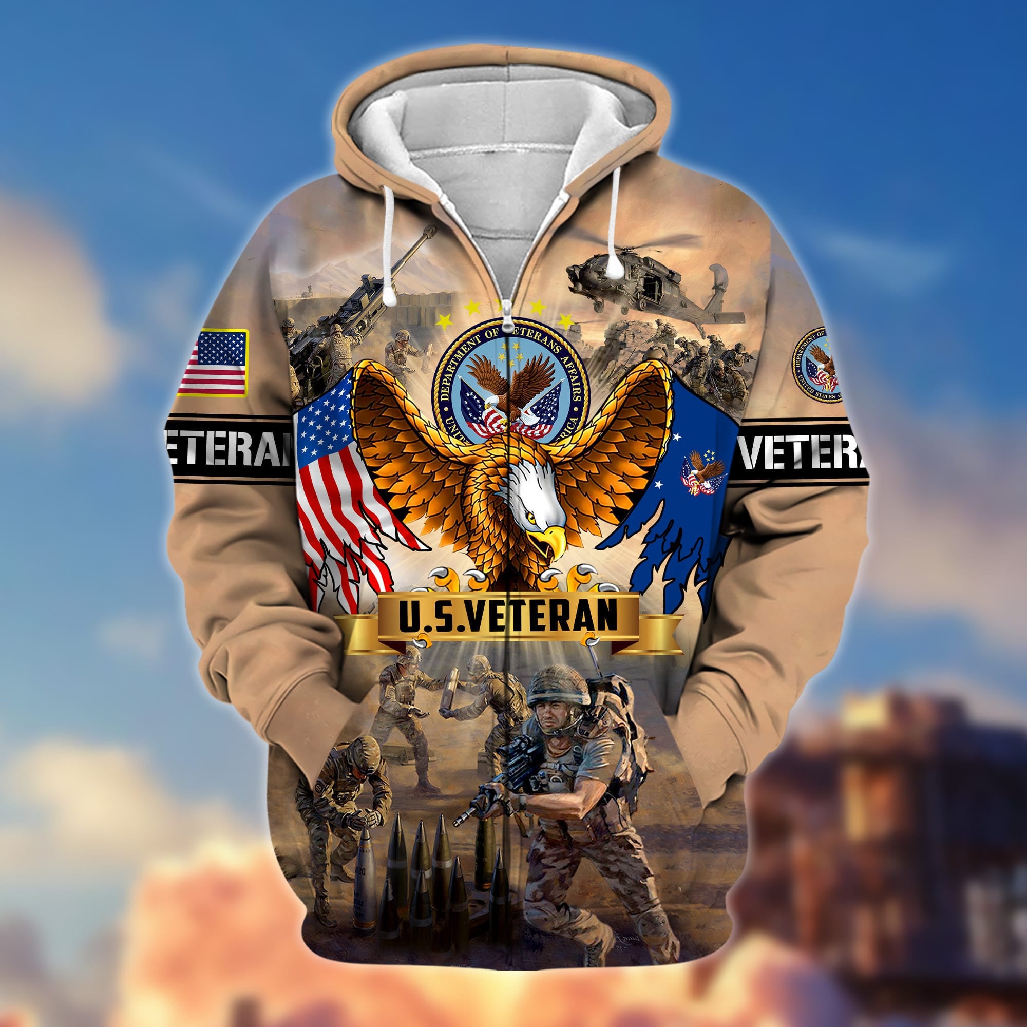 Premium Land Of The Free US Veteran Zip Hoodie