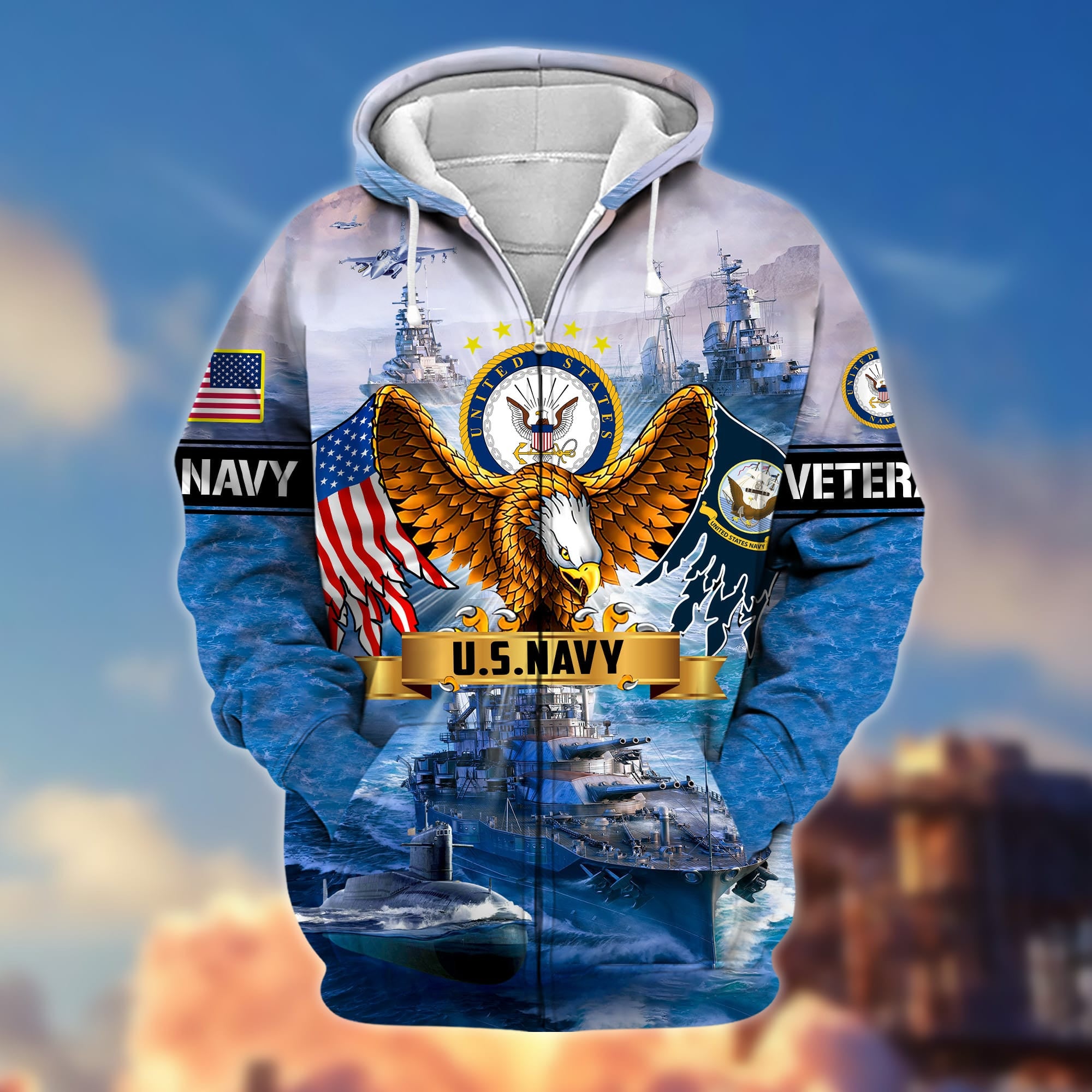Premium Land Of The Free US Veteran Zip Hoodie