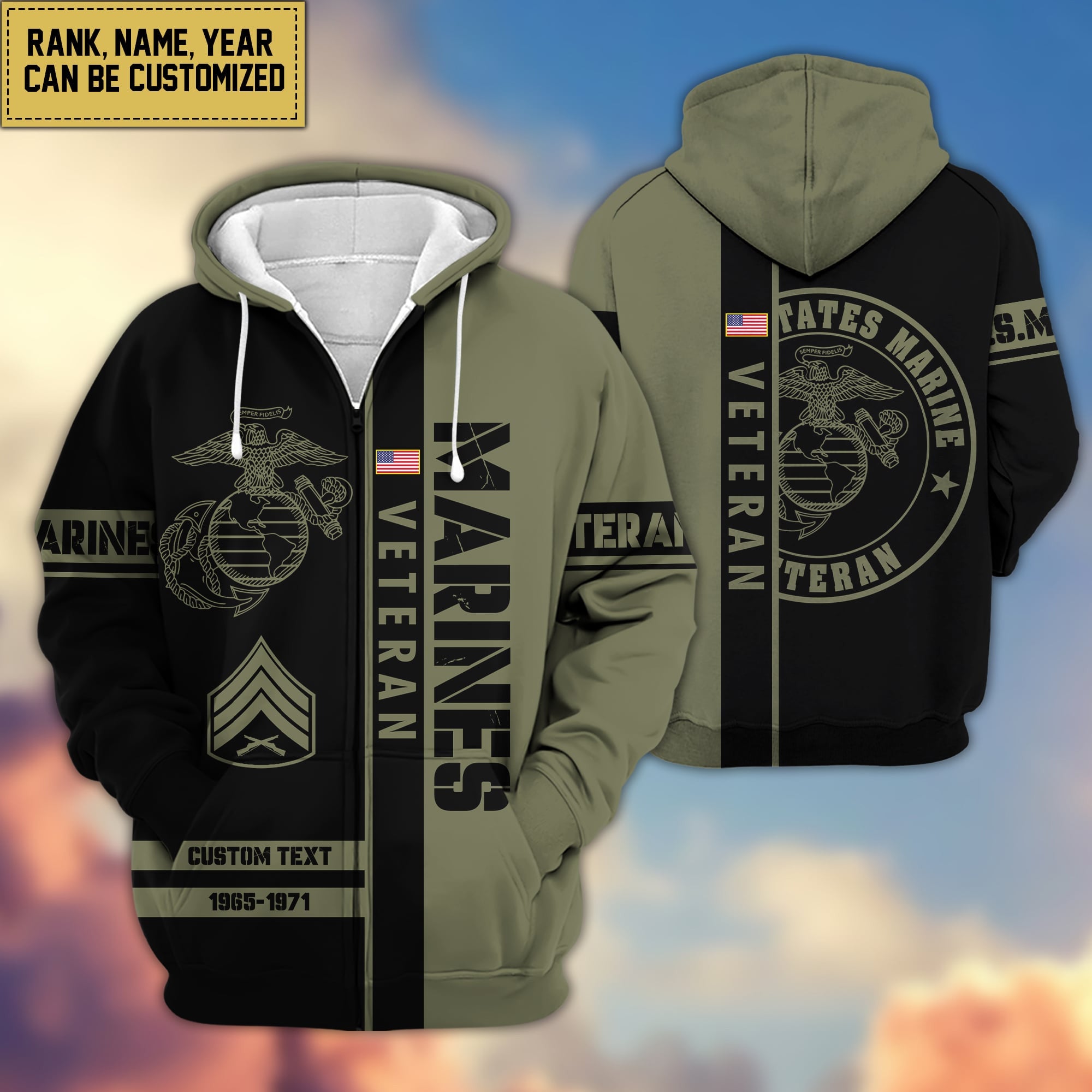 Premium Personalized Proudly Served US Veteran Zip Hoodie