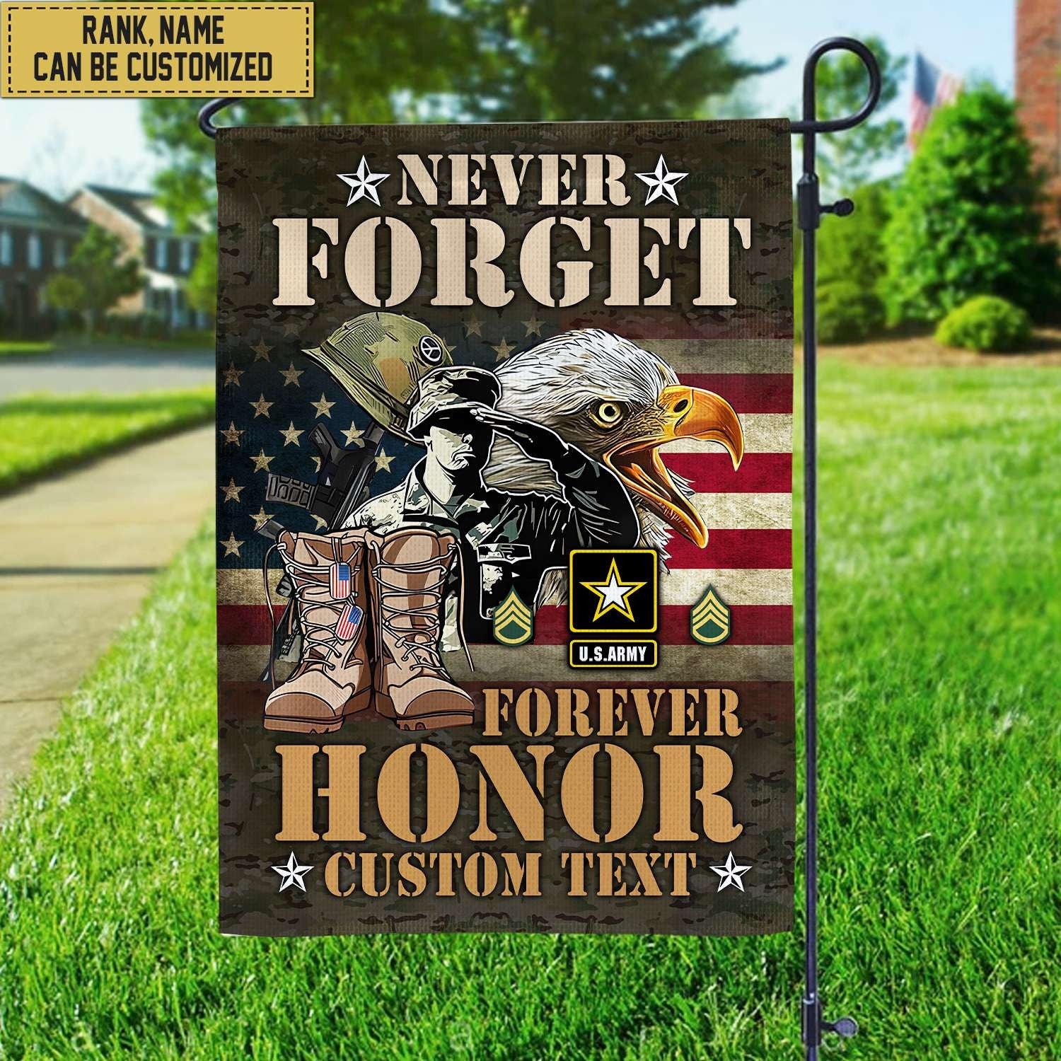 US Army Custom Name, Rank, American Flag, Veterans Day Gift, American Flag Gift For Him Military Gift Patriotic, Garden Flag - House Flag