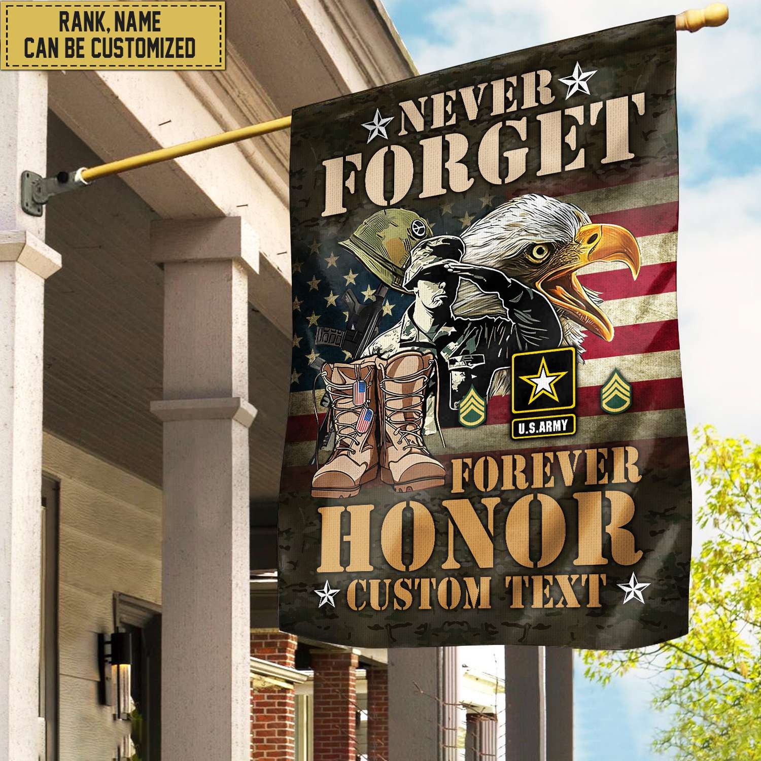 US Army Custom Name, Rank, American Flag, Veterans Day Gift, American Flag Gift For Him Military Gift Patriotic, Garden Flag - House Flag