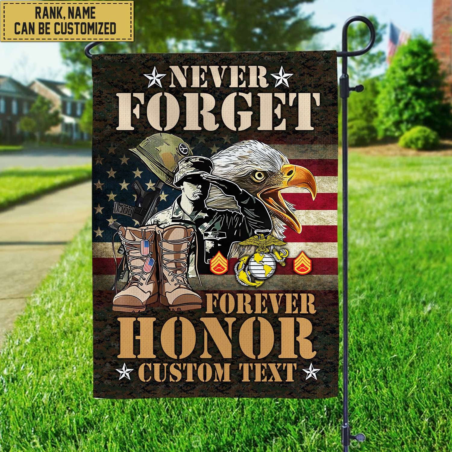 USMC Marine Veteran Custom Name, Rank, American Flag, Veterans Day Gift, American Flag Gift For Him Military Gift Patriotic, Garden Flag - House Flag
