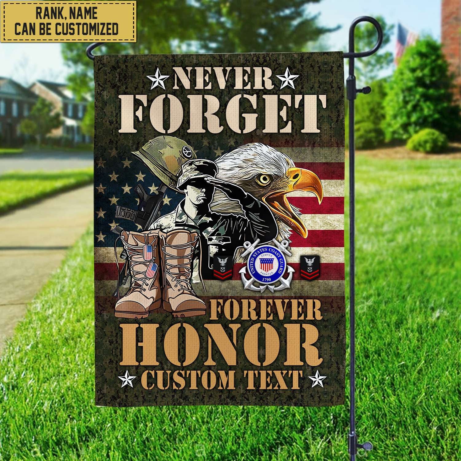USCG - Coast Guard Veteran Custom Name, Rank, American Flag, Veterans Day Gift, American Flag Gift For Him Military Gift Patriotic, Garden Flag - House Flag