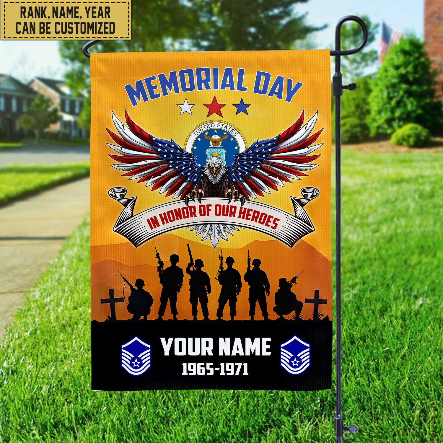 USAF Custom Name, Rank, Year American Flag, Veterans Day Gift, American Flag Gift For Him Military Gift For Air Force Veteran, Garden Flag - House Flag
