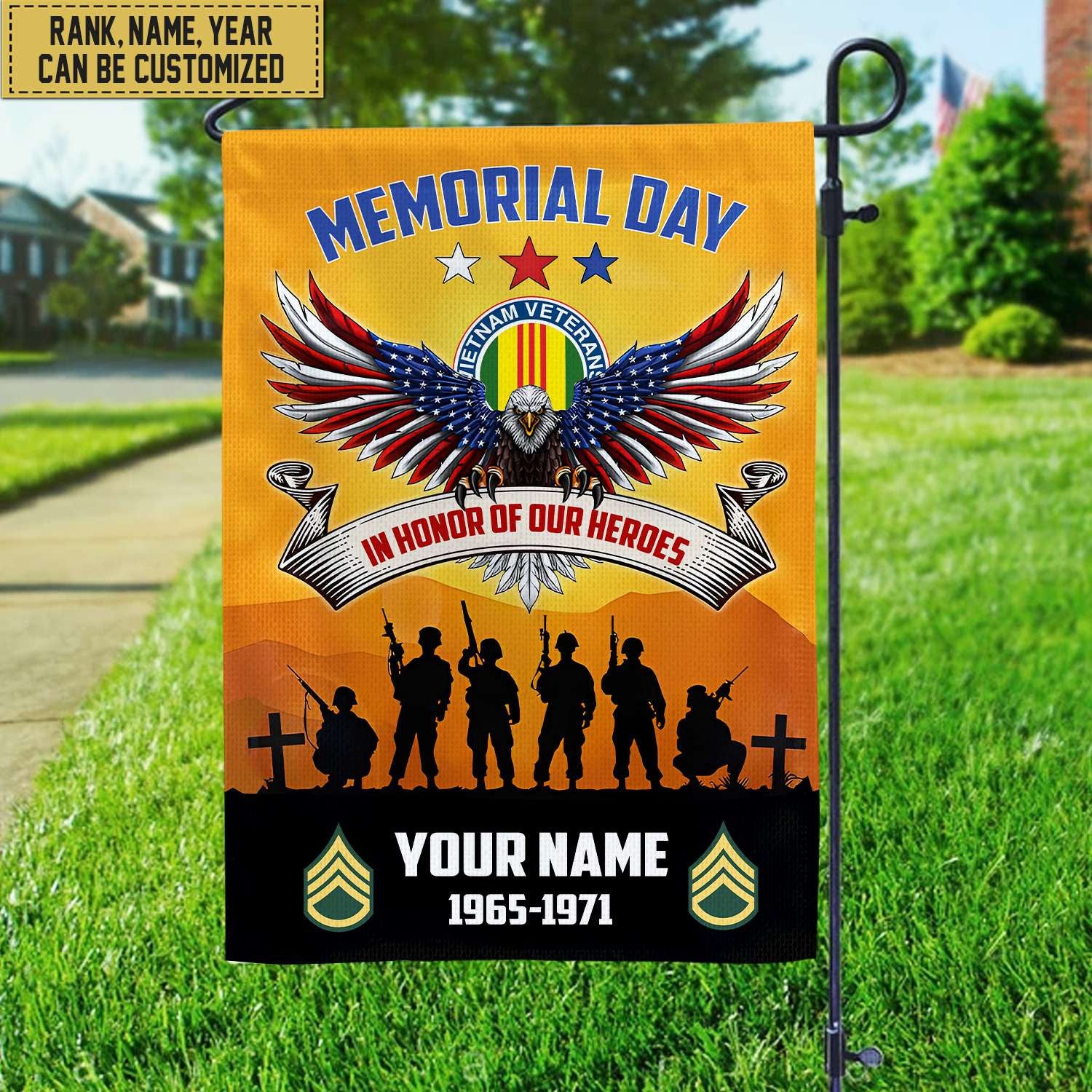 Premium Custom Name, Rank, Year American Flag, Veterans Day Gift, American Flag Gift For Him Military, Gift For Vietnam Veteran, Garden Flag - House Flag