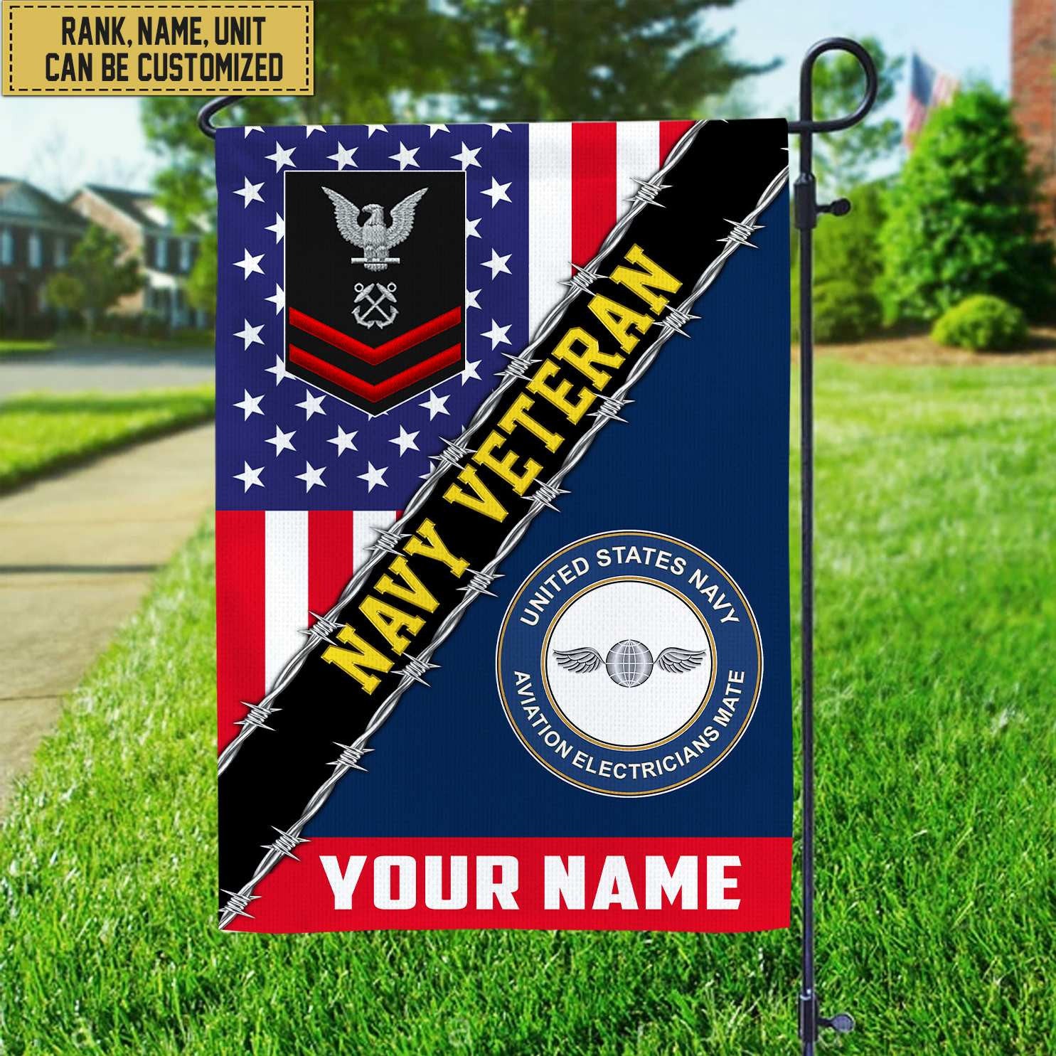 Premium Custom Name, Rank, Unit US Navy American Flag, Gift For Navy Veteran Garden Flag - House Flag