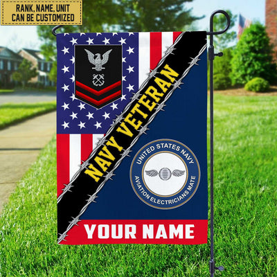 Premium Custom Name, Rank, Unit US Navy American Flag, Gift For Navy Veteran Garden Flag - House Flag