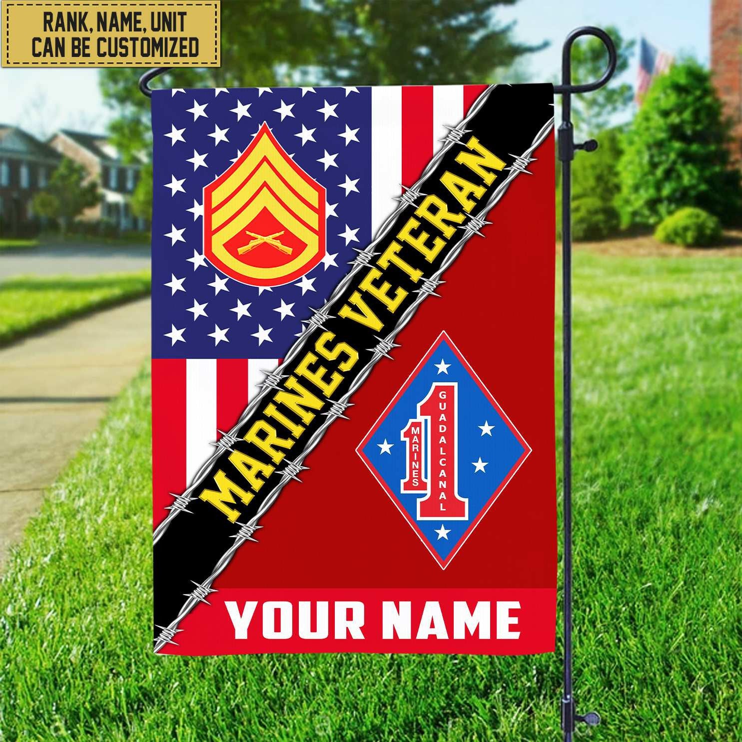 Premium Custom Name, Rank, Unit USMC American Flag, Gift For Marine Veteran Garden Flag - House Flag