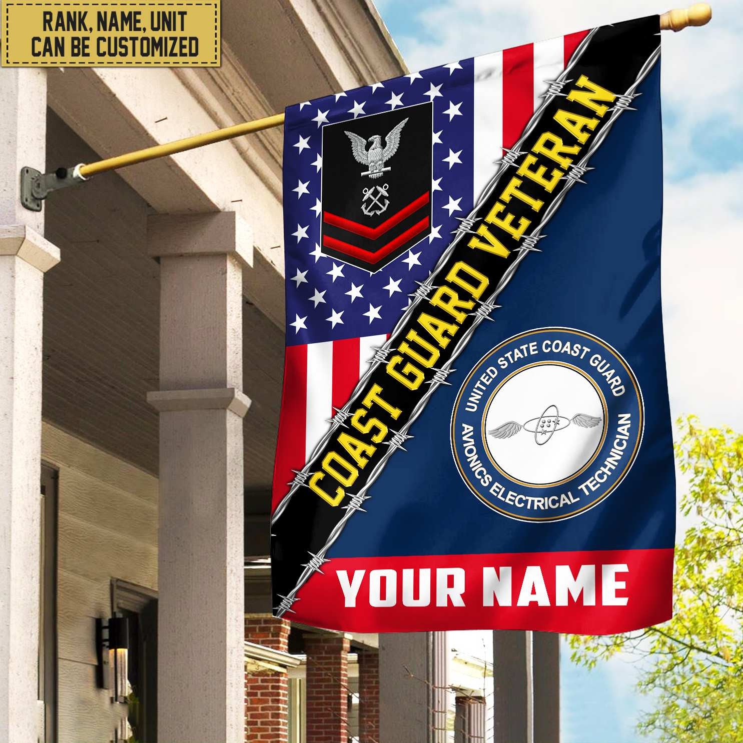 Premium Custom Name, Rank, Unit USCG American Flag, Gift For Coast Guard Veteran Garden Flag - House Flag