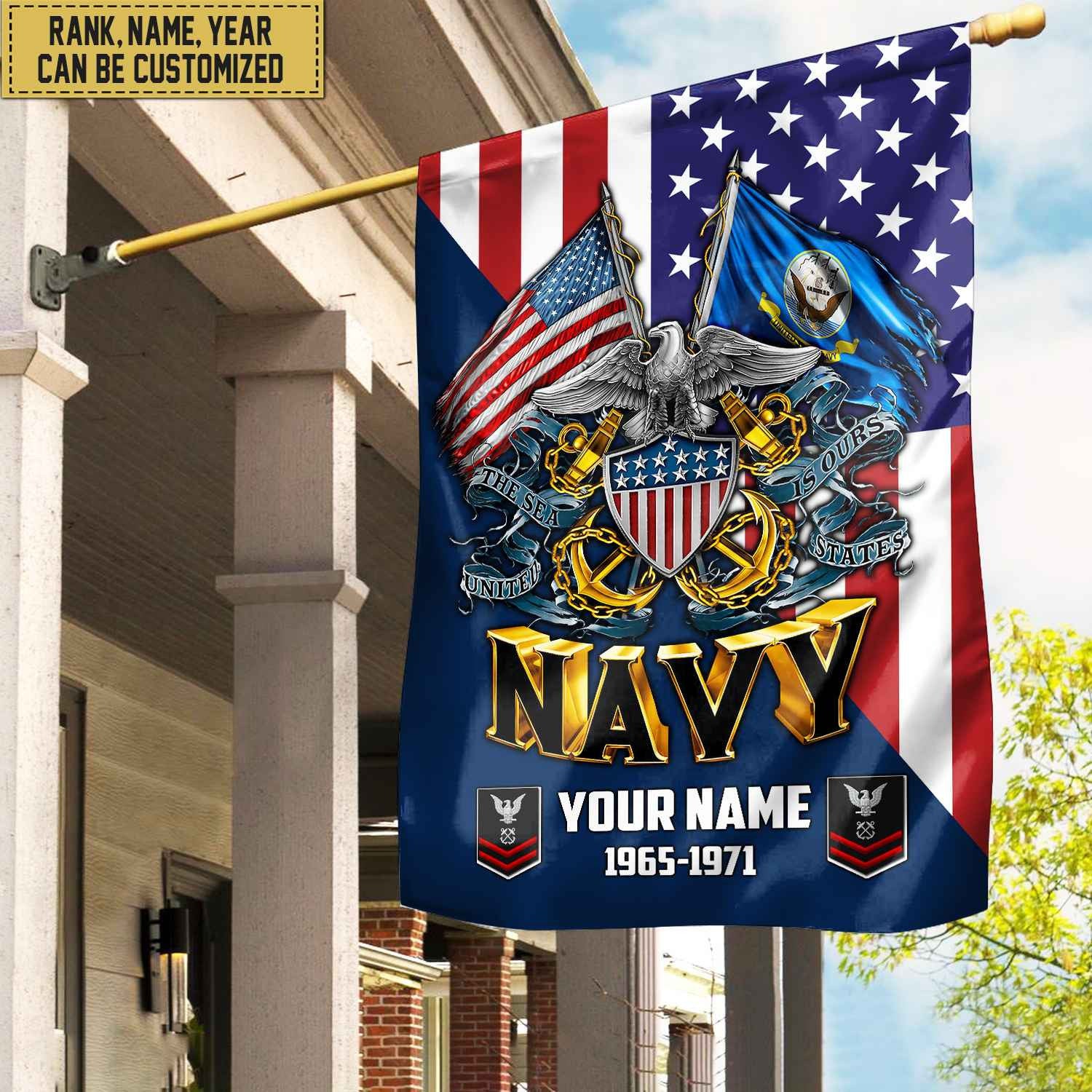 Premium Custom Name, Rank US Navy Veteran Flag, Gift For Navy Veteran Garden Flag - House Flag