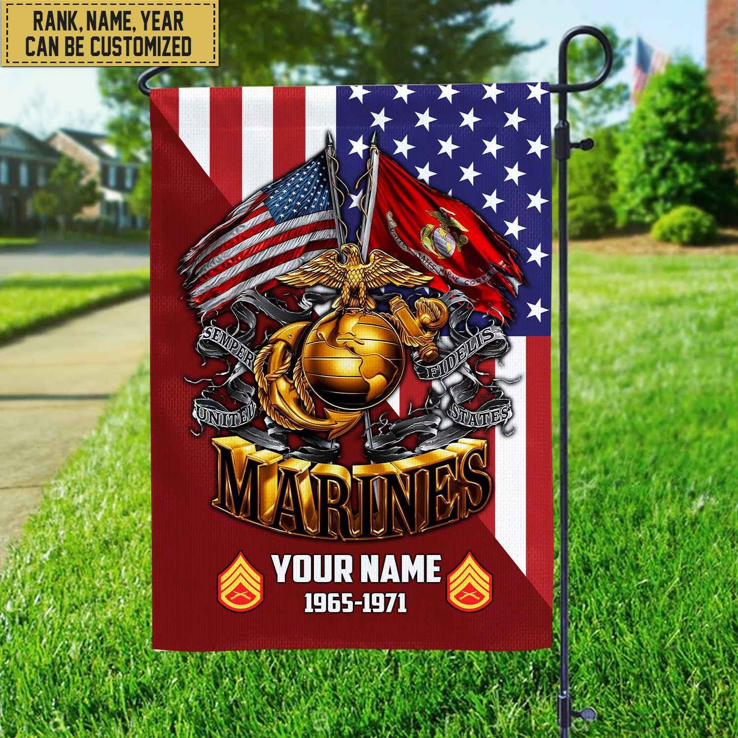 Premium Custom Name, Rank USMC Veteran Flag, Gift For Marine Veteran Garden Flag - House Flag