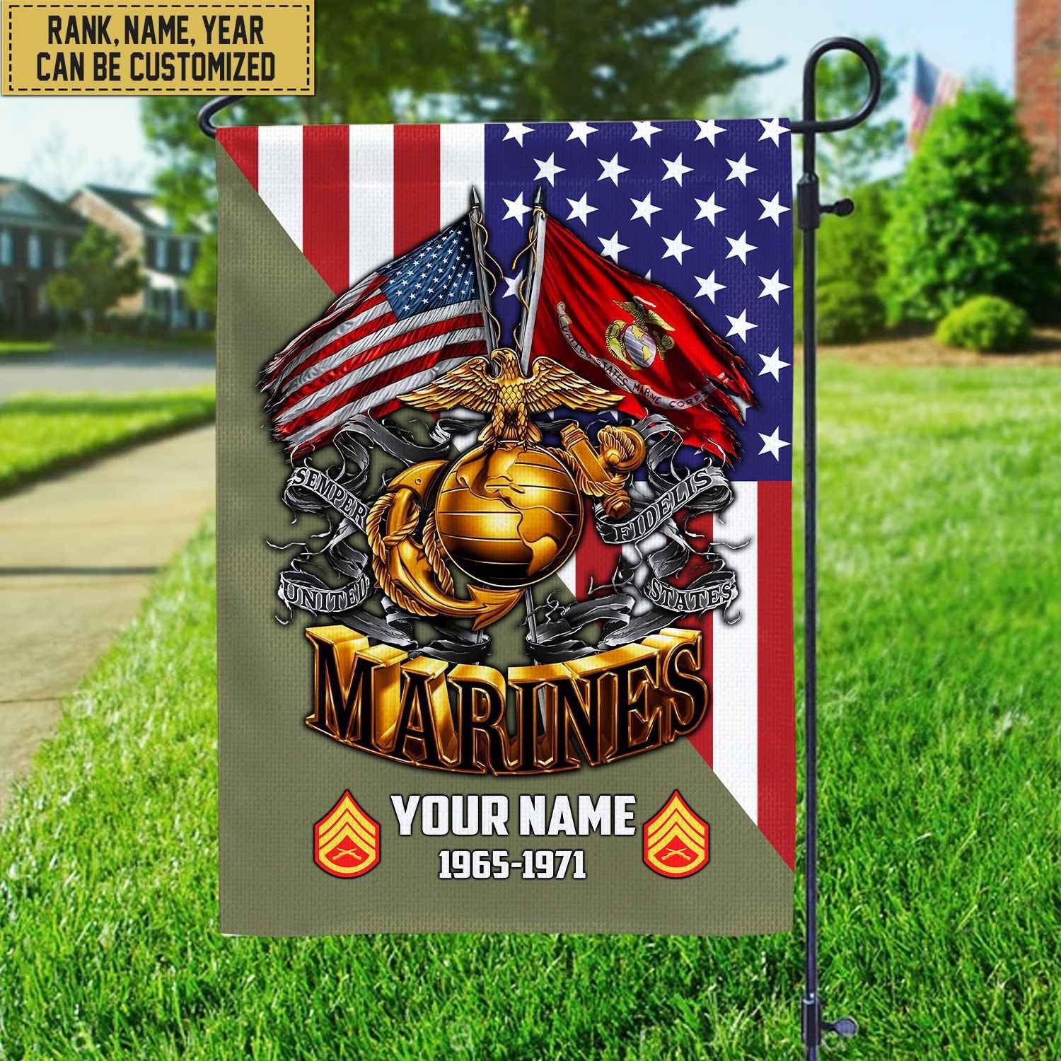 Premium Custom Name, Rank USMC Veteran Flag, Gift For Marine Veteran Garden Flag - House Flag