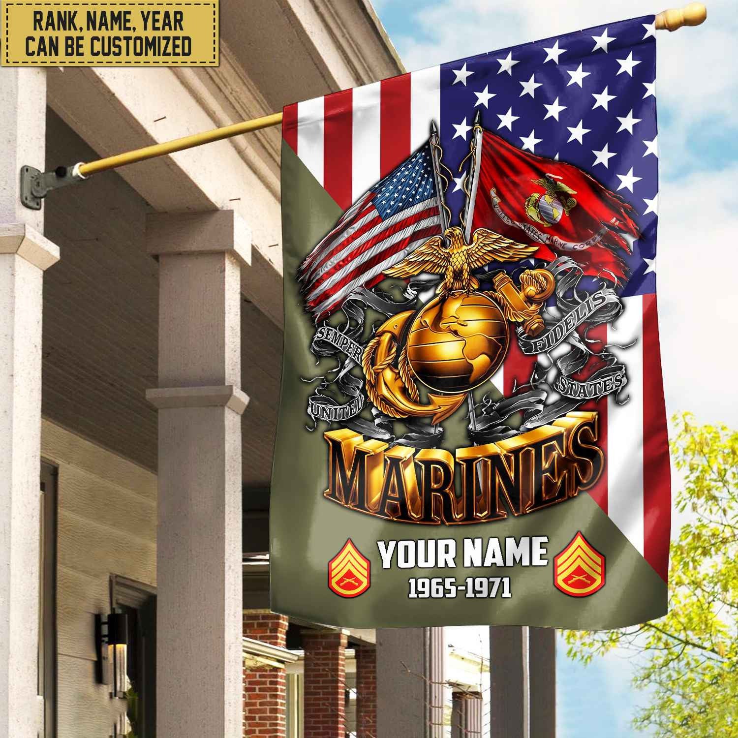 Premium Custom Name, Rank USMC Veteran Flag, Gift For Marine Veteran Garden Flag - House Flag