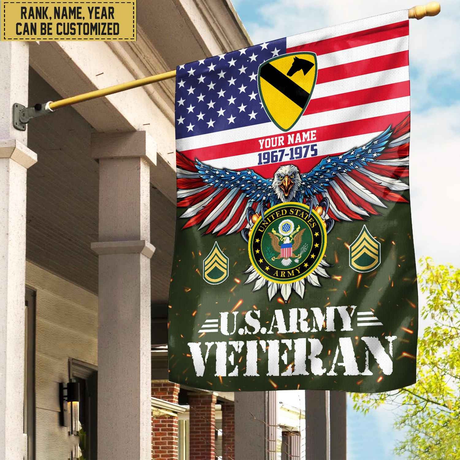 US Army Veteran Flag, Custom Name, Rank, Unit Gift For Army Veteran Garden Flag - House Flag