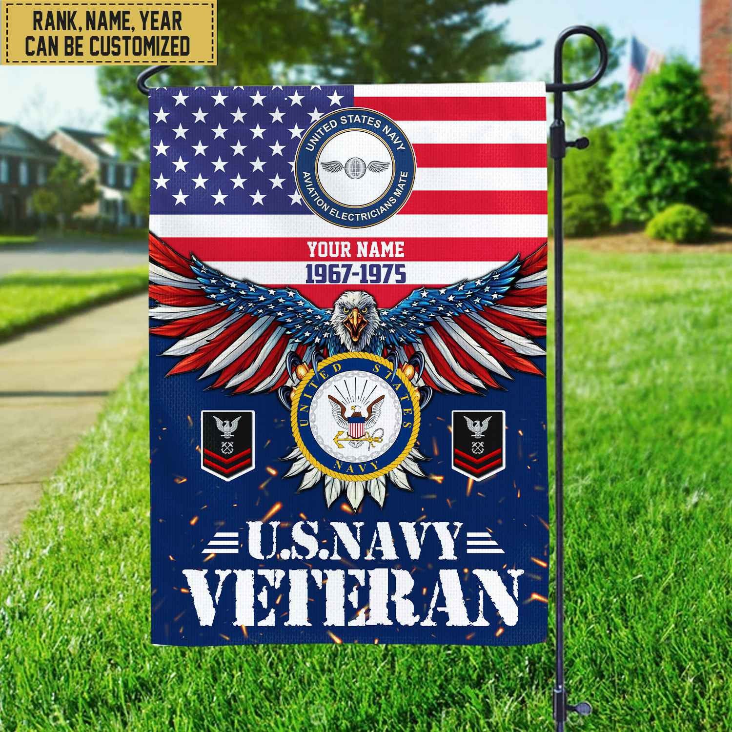 US Navy Veteran Flag, Custom Name, Rank, Unit Gift For Navy Veteran Garden Flag - House Flag