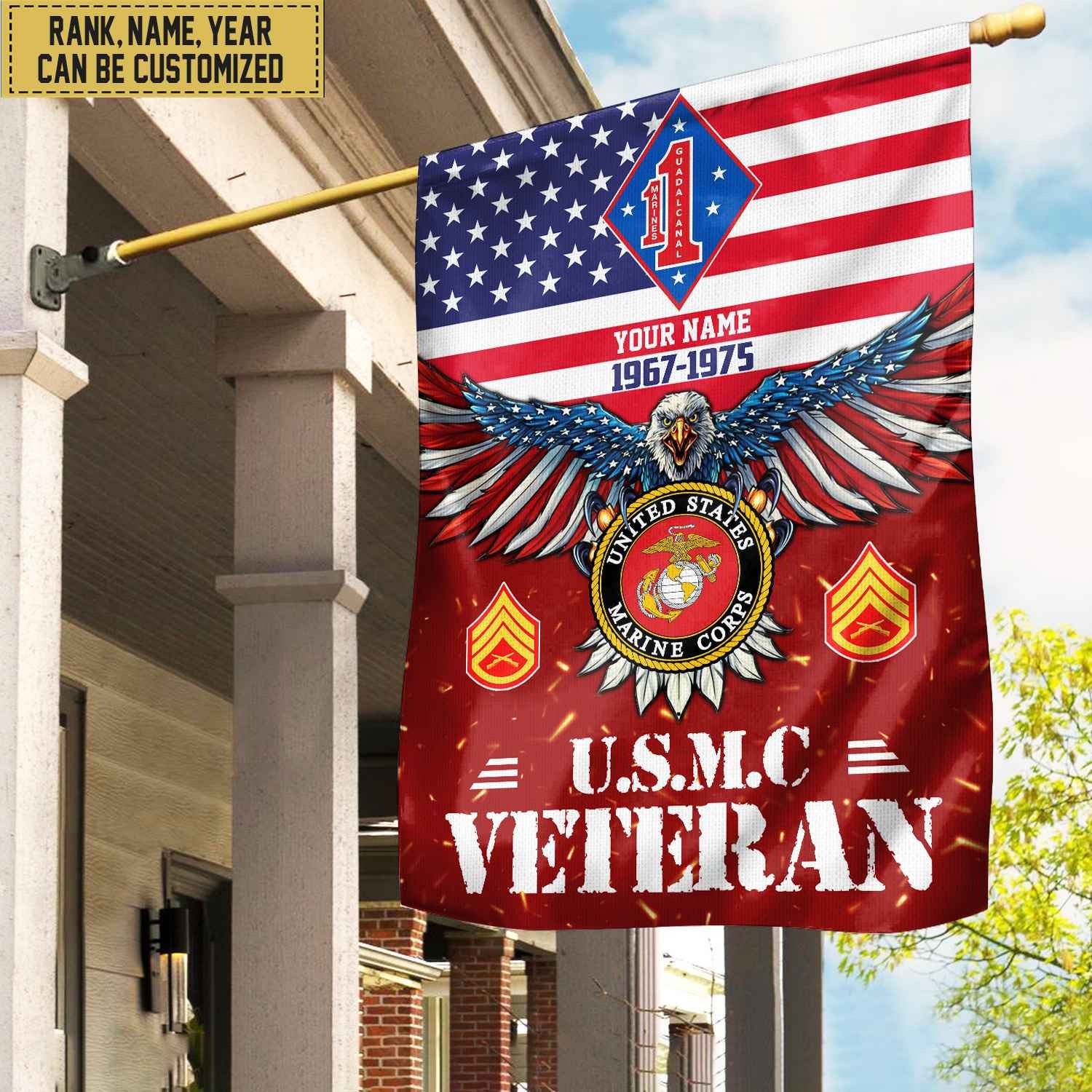 USMC Veteran Flag, Custom Name, Rank, Unit Gift For Marine Veteran Garden Flag - House Flag