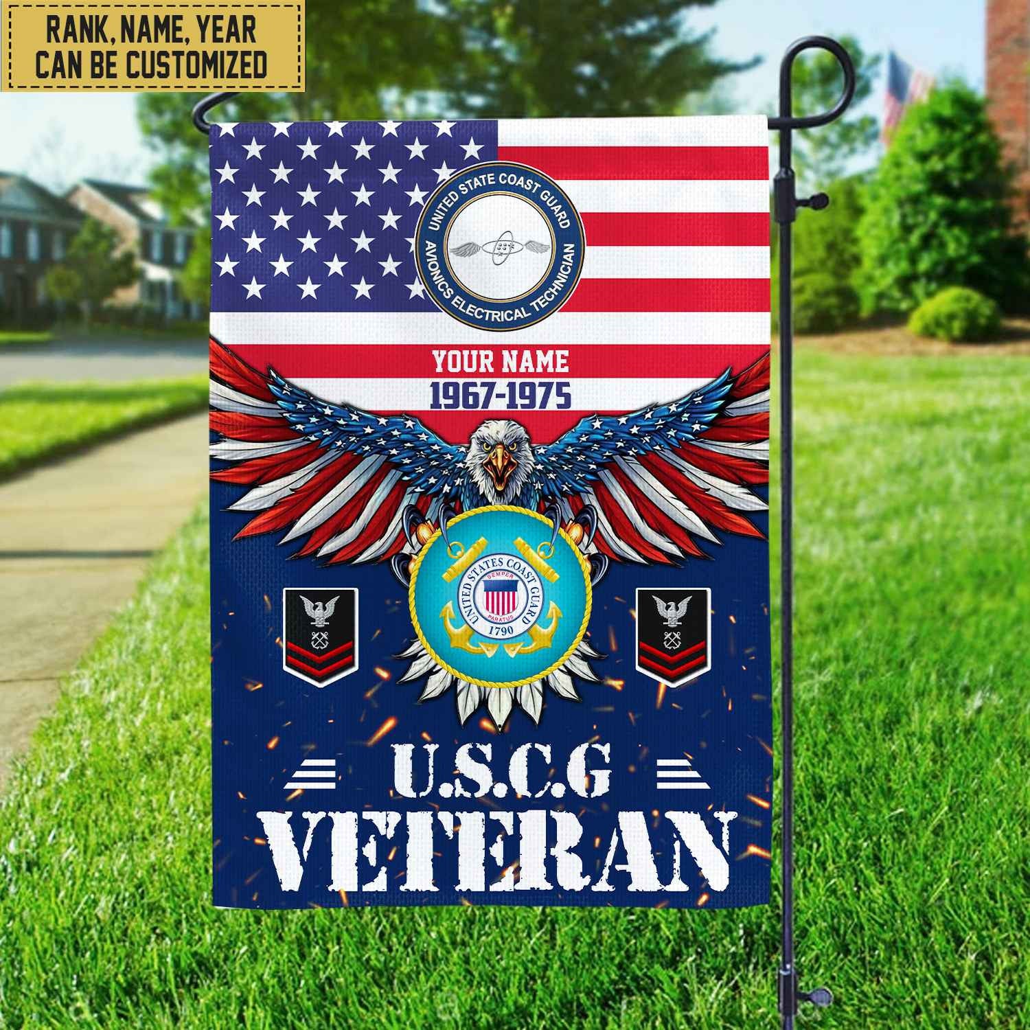 USCG Veteran Flag, Custom Name, Rank, Unit Gift For Coast Guard Veteran Garden Flag - House Flag