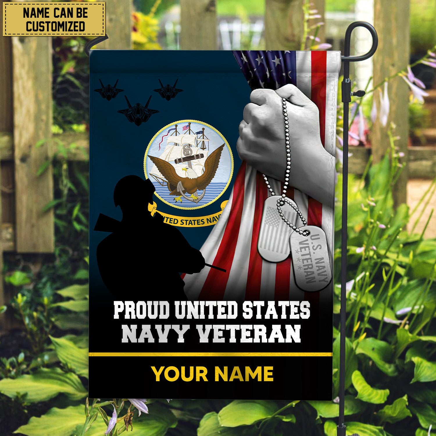 Premium US Navy Veteran Custom Name American Flag, Gift For Navy Veteran Garden Flag - House Flag