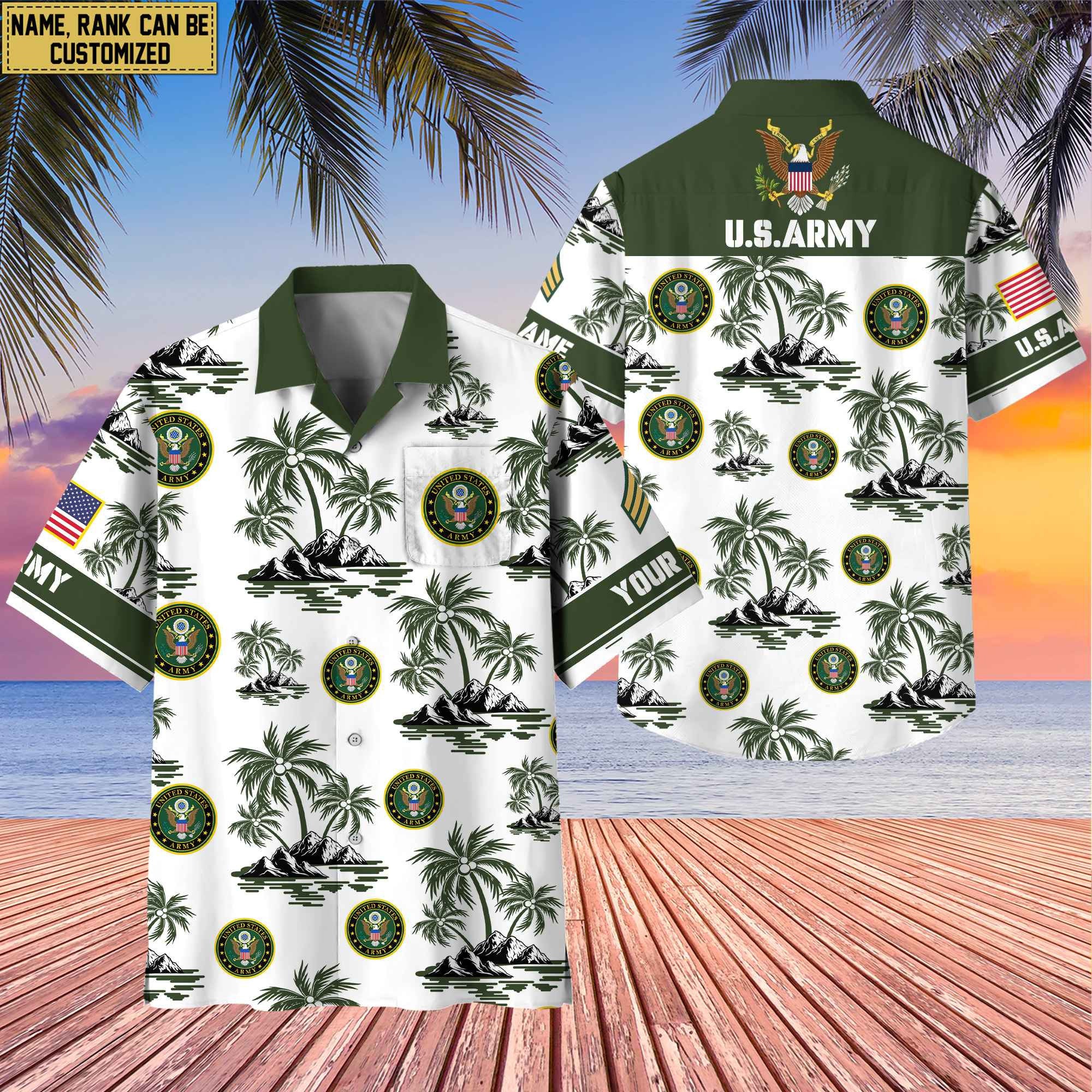 Premium Custom Name, Rank US Veterans Hawaii Shirt With Pocket, Gifts For Independence Day, Father's Day, Veterans Day, Gifts For Dad, Gifts For Husband Veteran