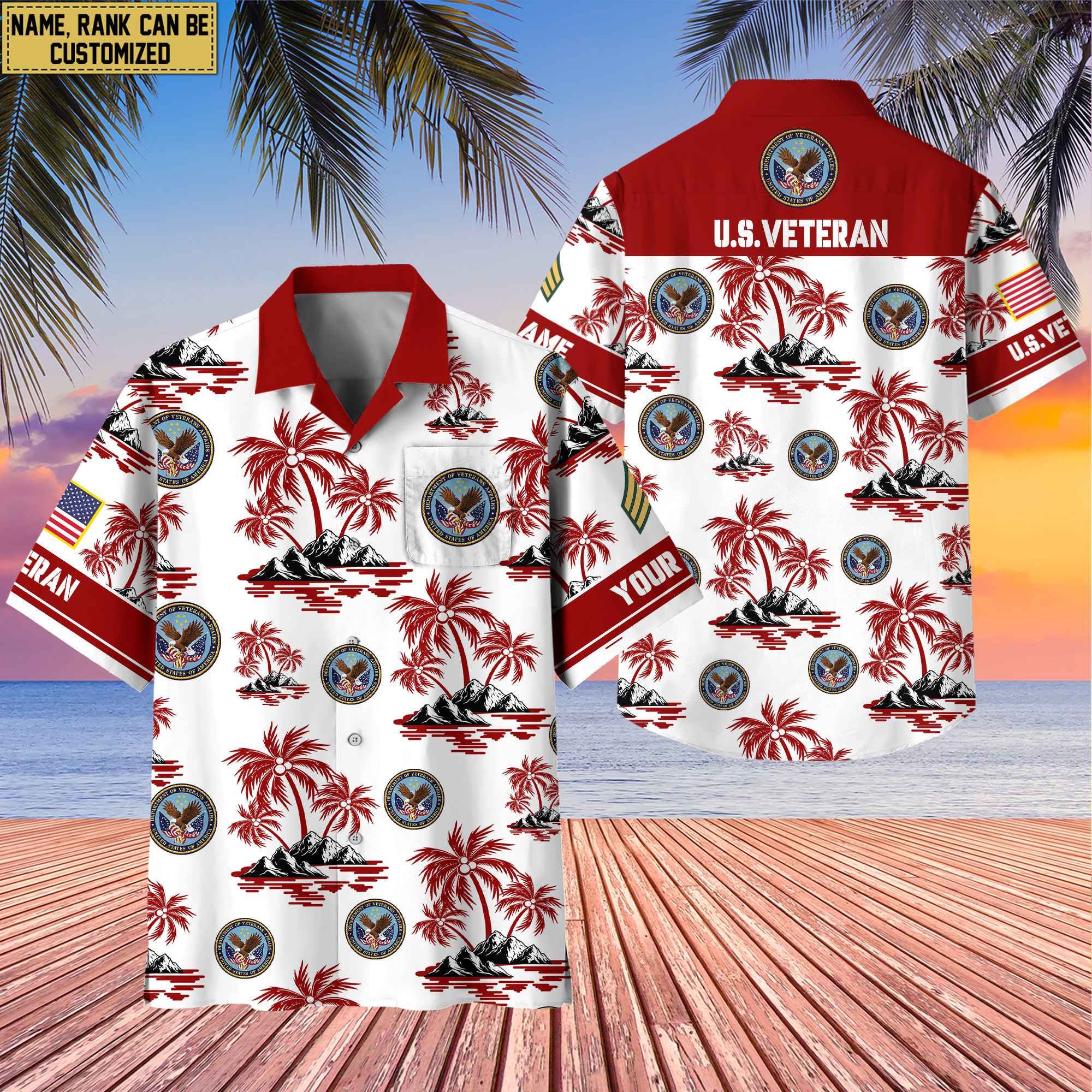 Premium Custom Name, Rank US Veterans Hawaii Shirt With Pocket, Gifts For Independence Day, Father's Day, Veterans Day, Gifts For Dad, Gifts For Husband Veteran