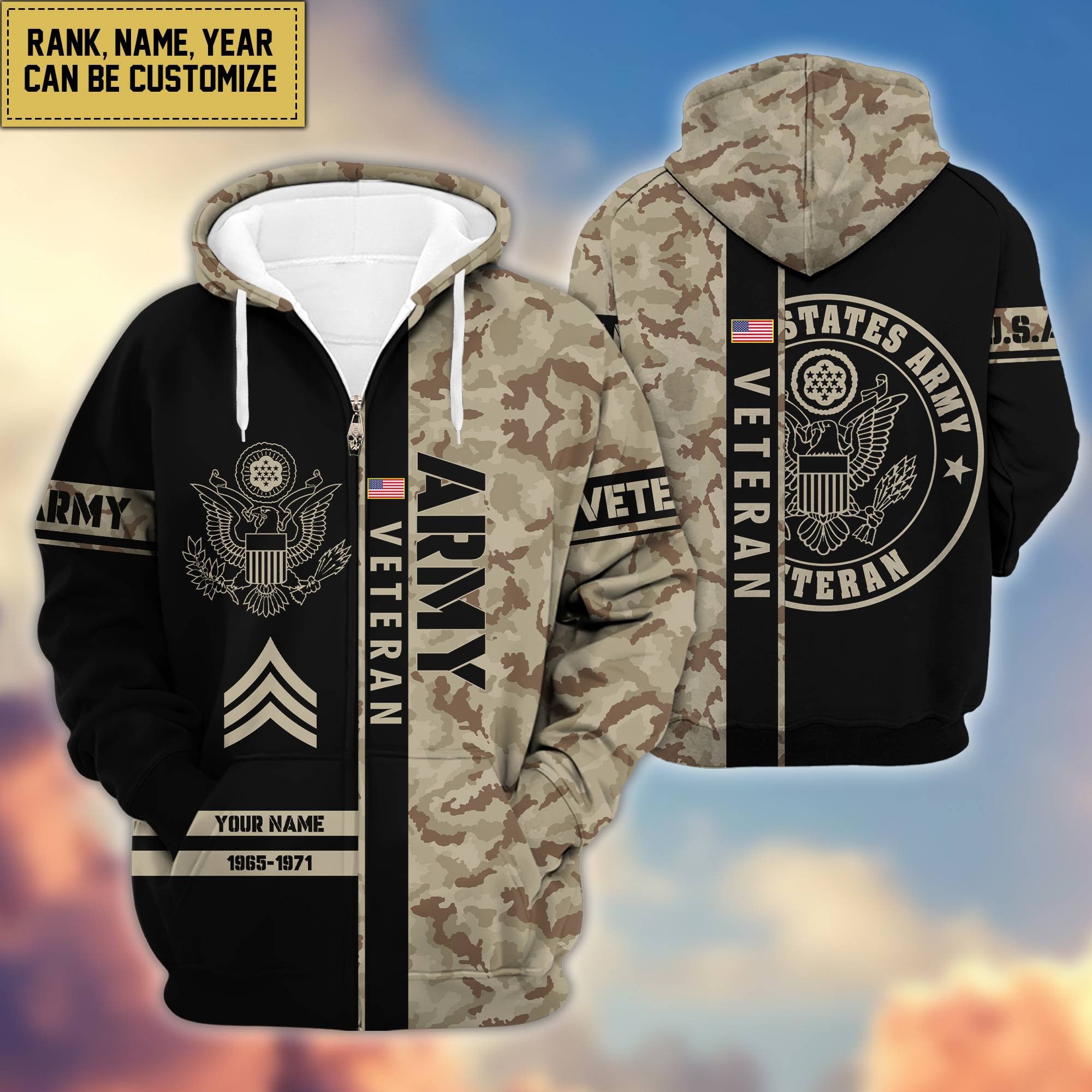 Premium Personalized Camo Soldiers US Veterans Zip Hoodie