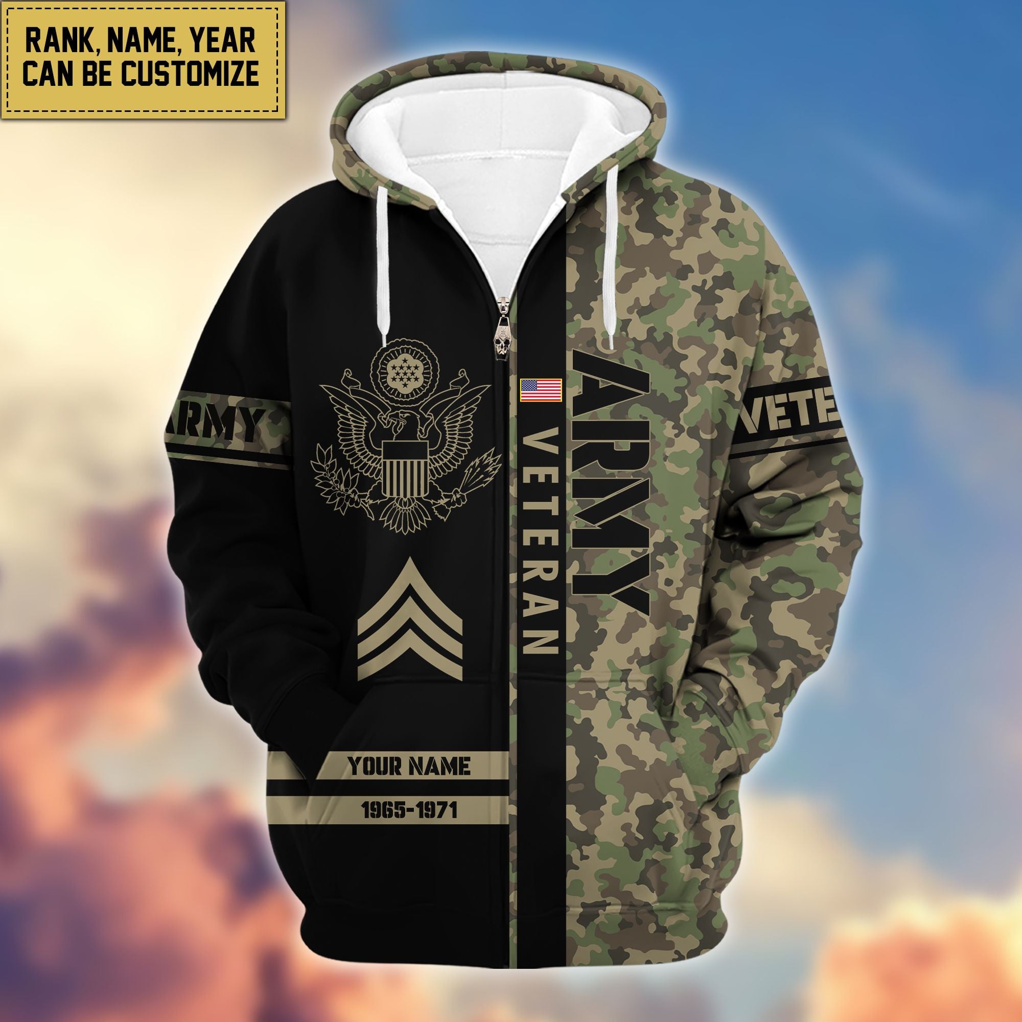 Premium Personalized Camo Soldiers US Veterans Zip Hoodie