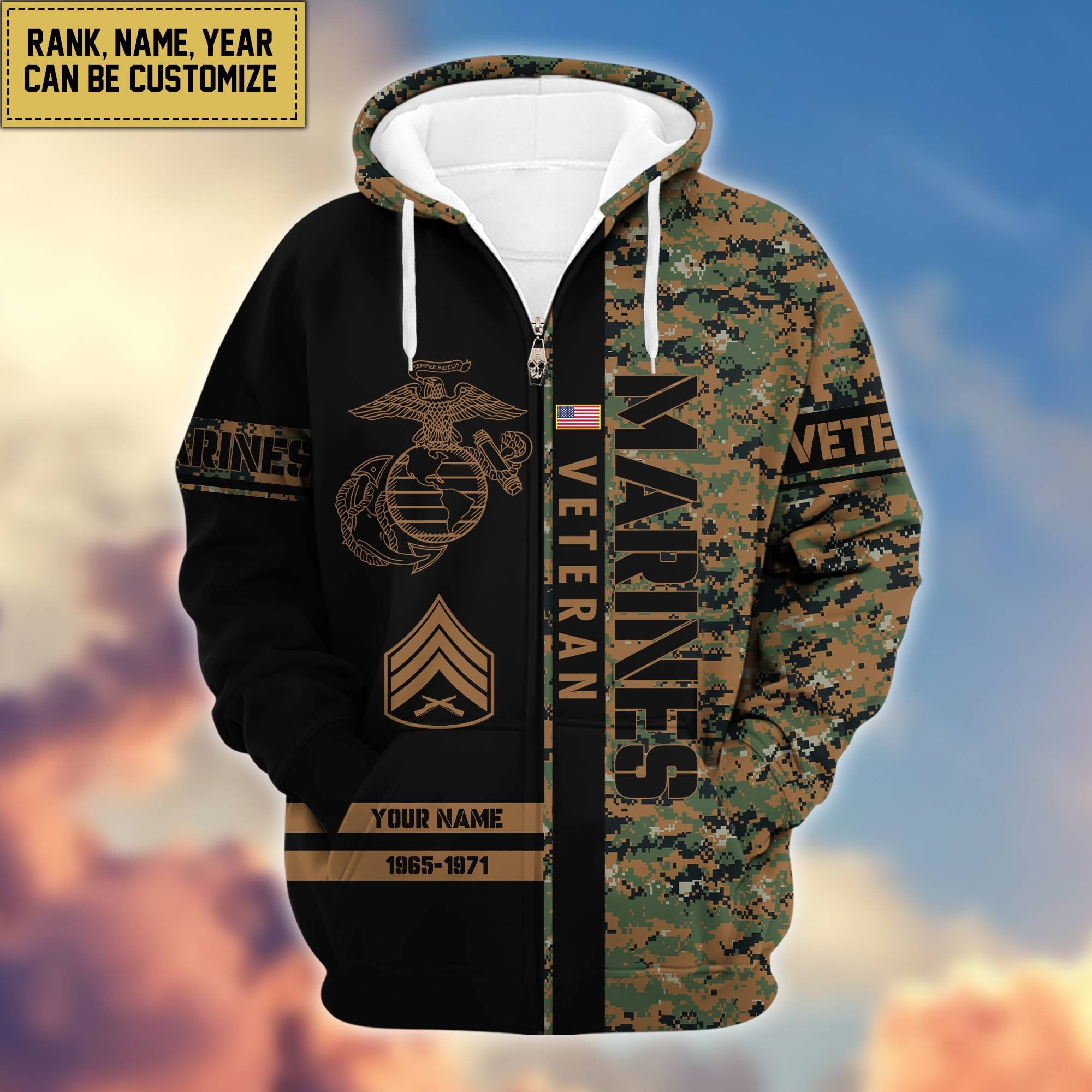 Premium Personalized Camo Soldiers US Veterans Zip Hoodie