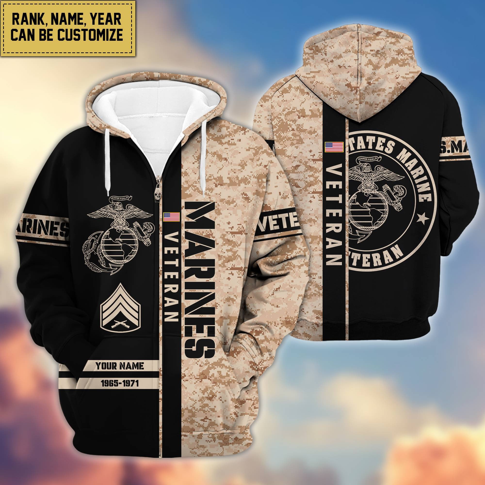 Premium Personalized Camo Soldiers US Veterans Zip Hoodie