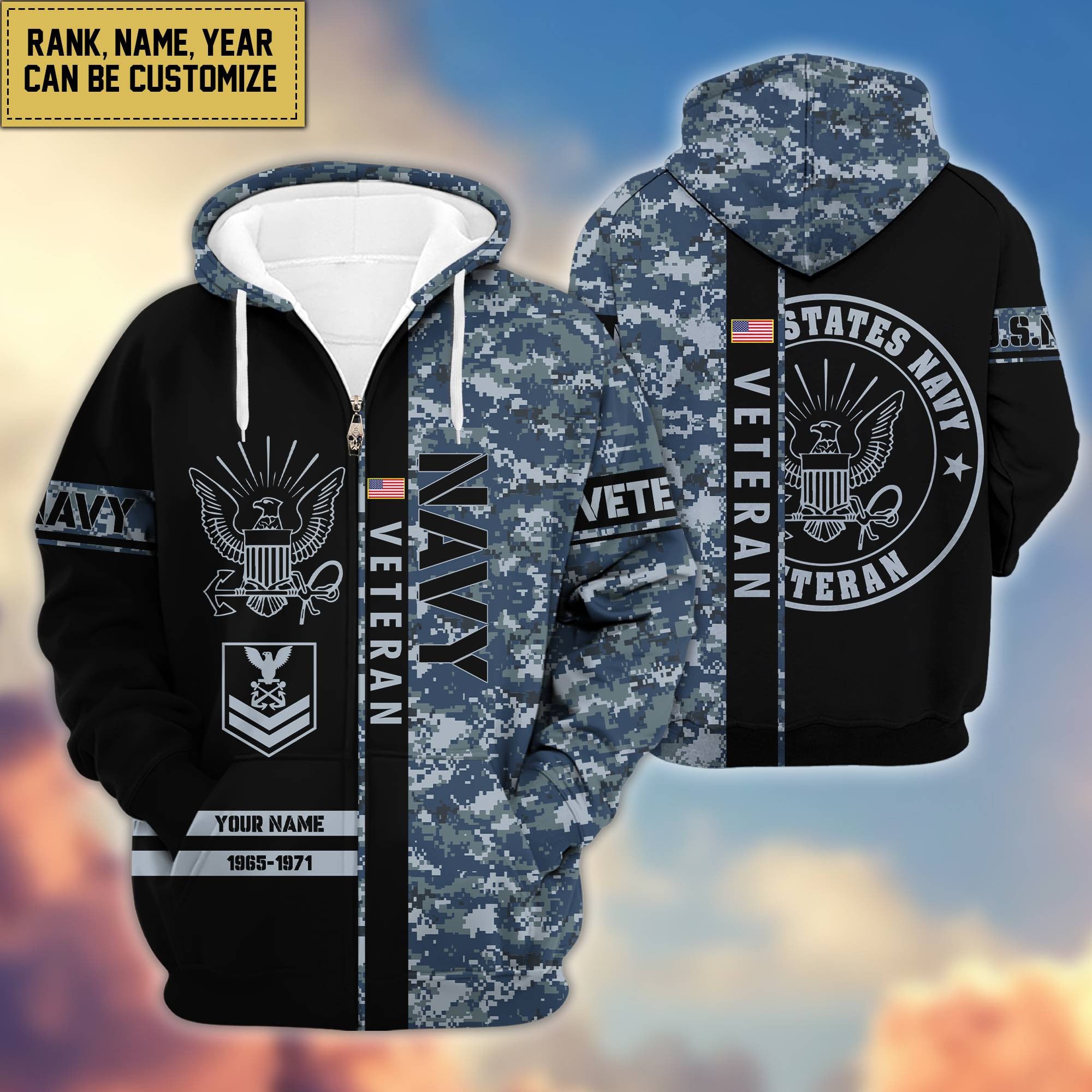 Premium Personalized Camo Soldiers US Veterans Zip Hoodie