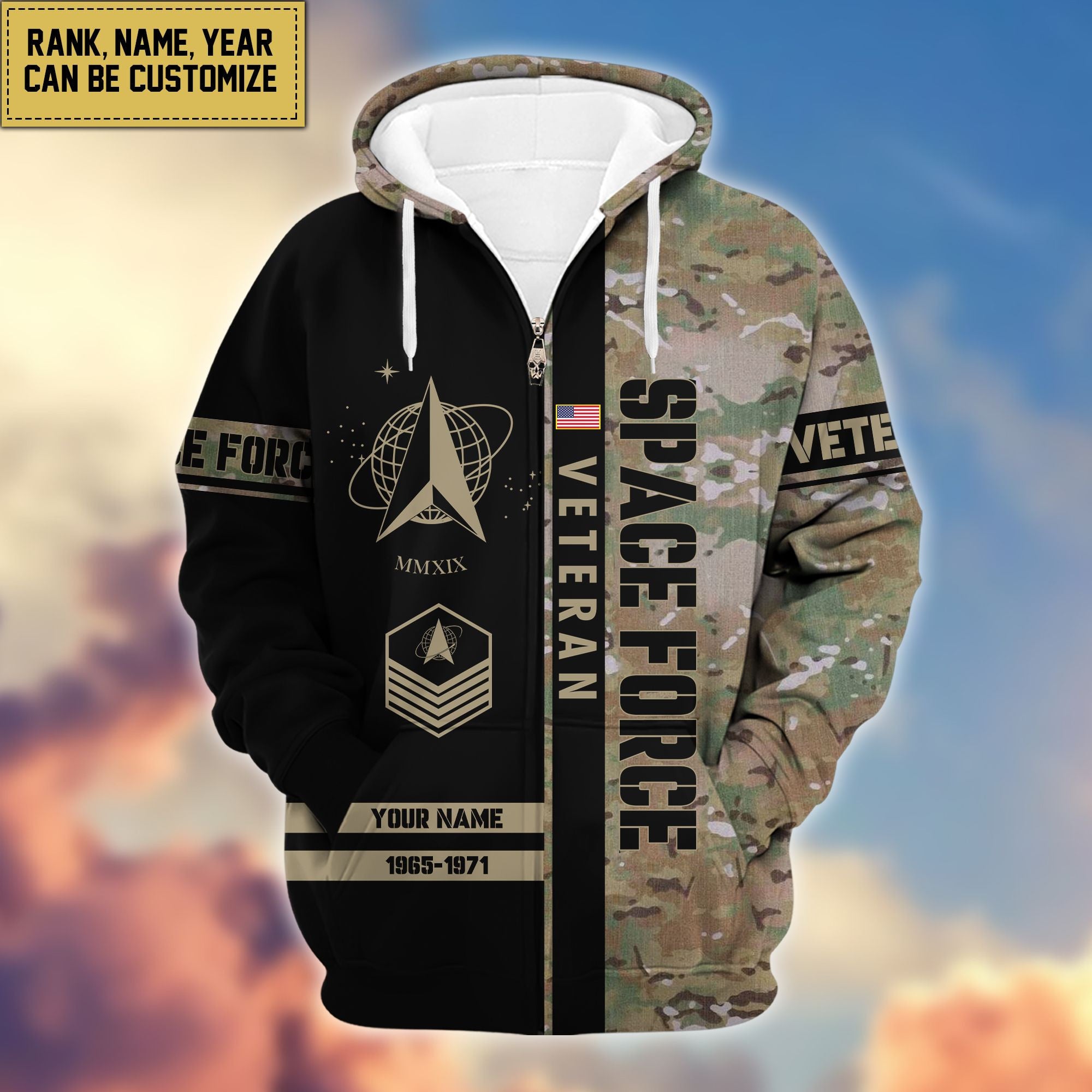 Premium Personalized Camo Soldiers US Veterans Zip Hoodie