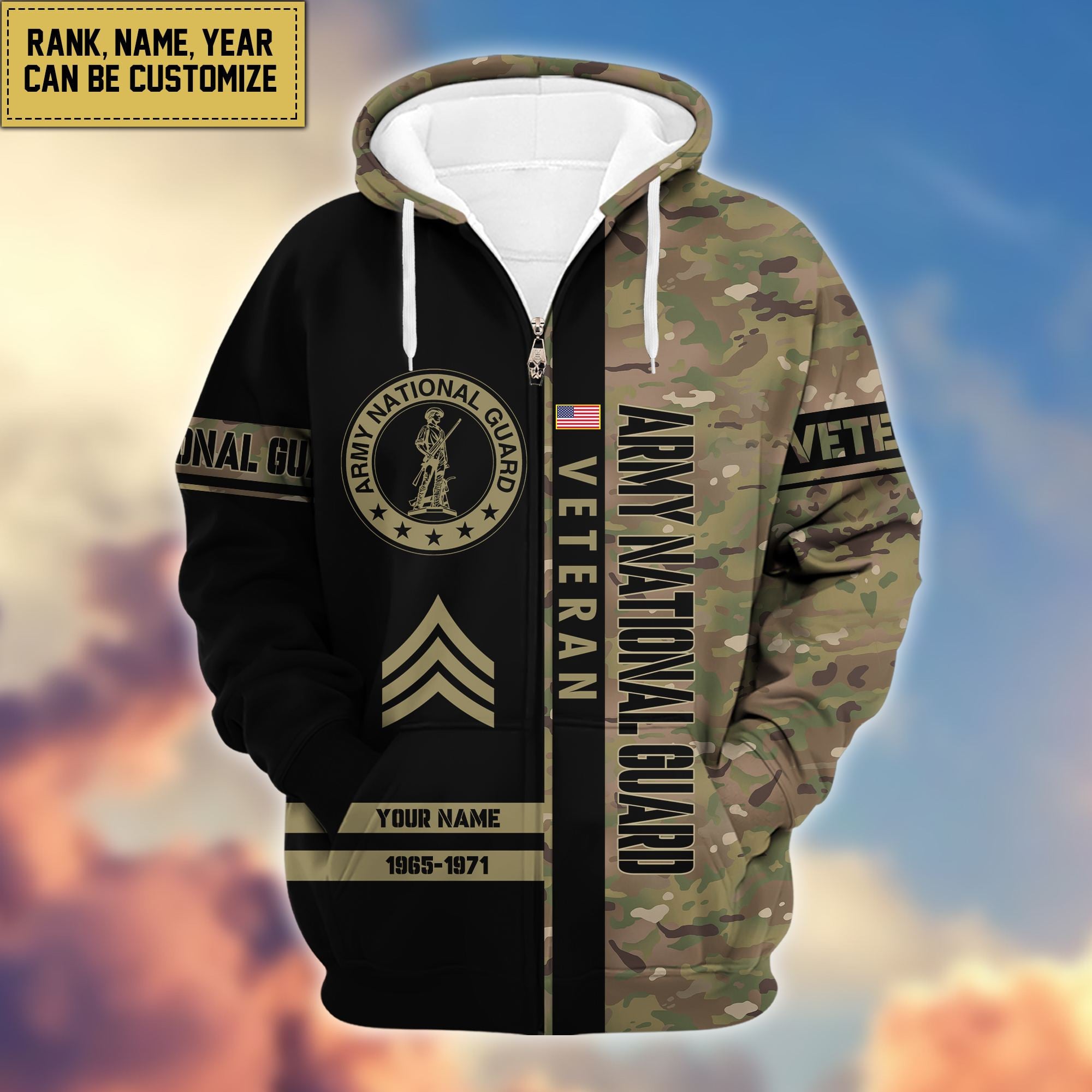 Premium Personalized Camo Soldiers US Veterans Zip Hoodie