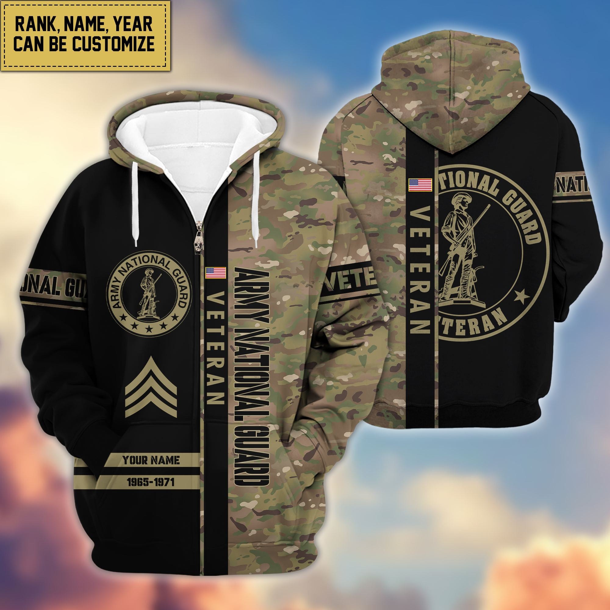 Premium Personalized Camo Soldiers US Veterans Zip Hoodie