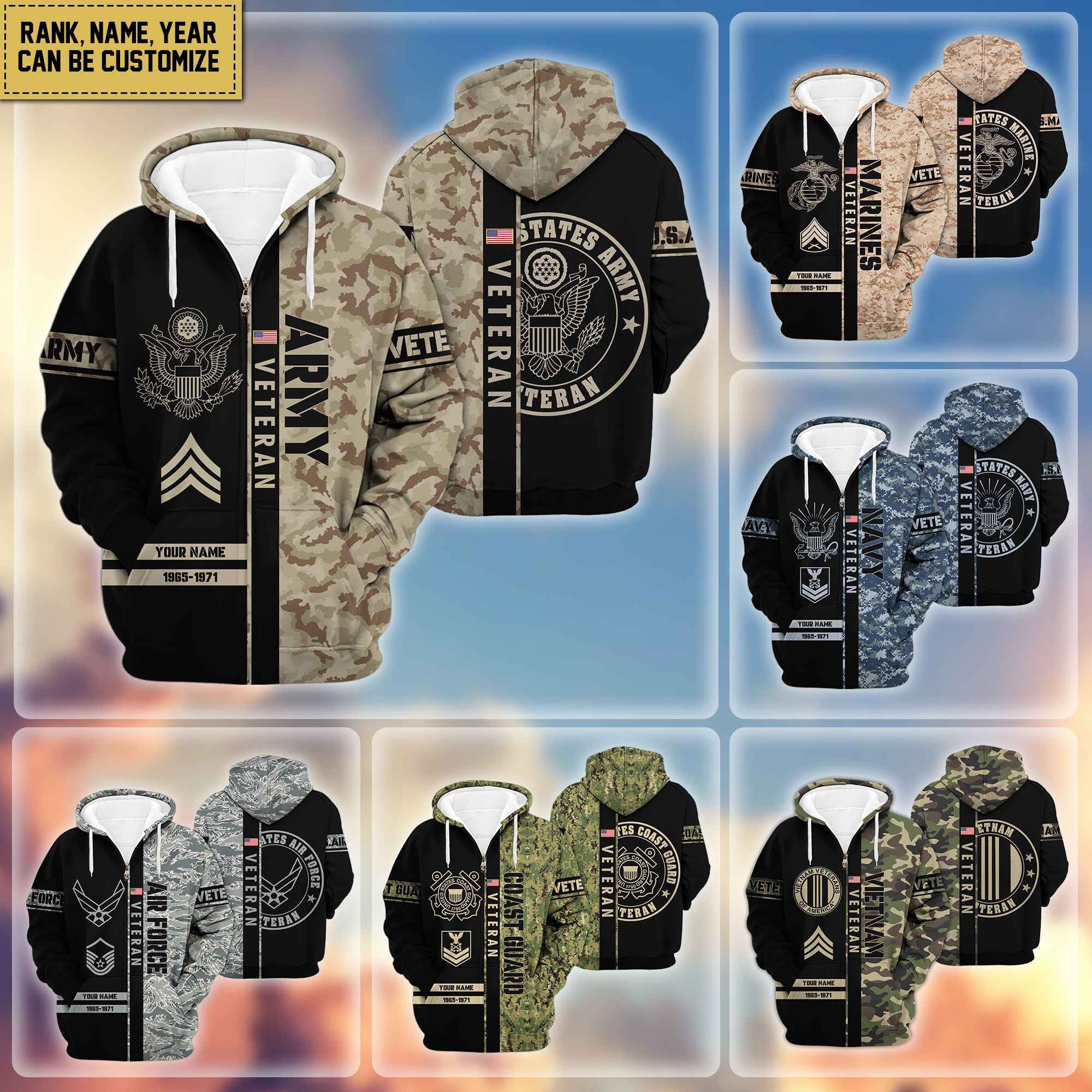 Premium Personalized Camo Soldiers US Veterans Zip Hoodie