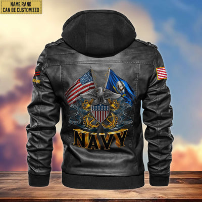 Premium US Navy Leather Jacket, Custom Name, Rank, Gifts For Navy Veteran