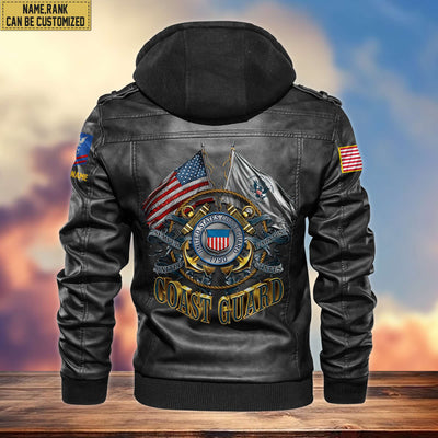 Premium USCG Leather Jacket, Custom Name, Rank, Gifts For Coast Guard Veteran