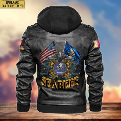 Premium US Seabees Veteran Leather Jacket, Custom Name, Rank, Gifts For Seabees Veteran