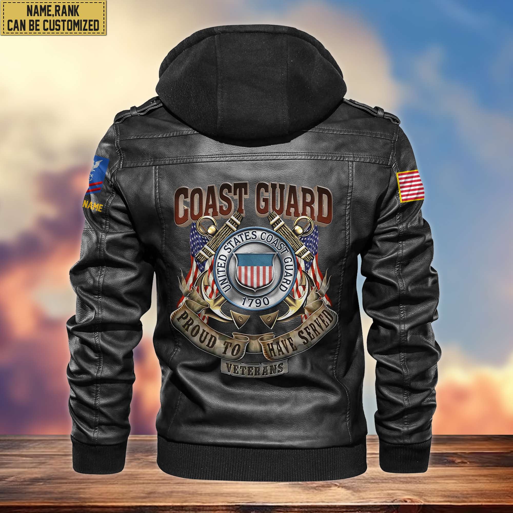 Premium USCG Leather Jacket, Custom Name, Rank, Gifts For Coast Guard Veteran