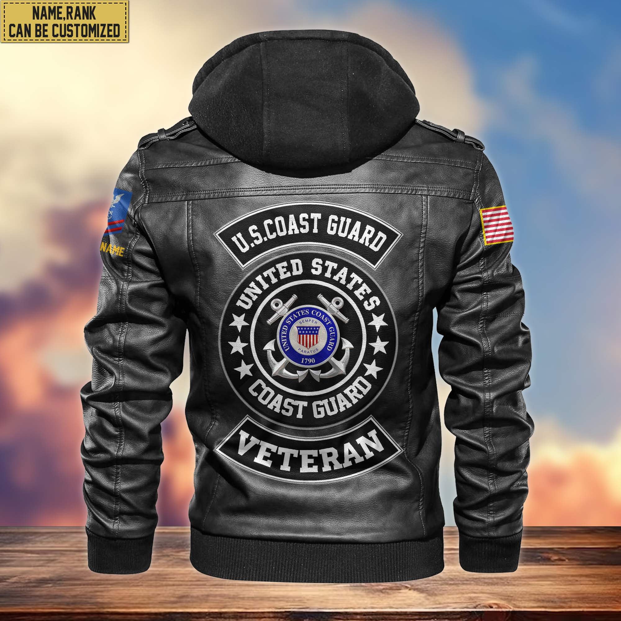 USCG Leather Jacket, Custom Name, Rank, Gifts For Coast Guard Veteran